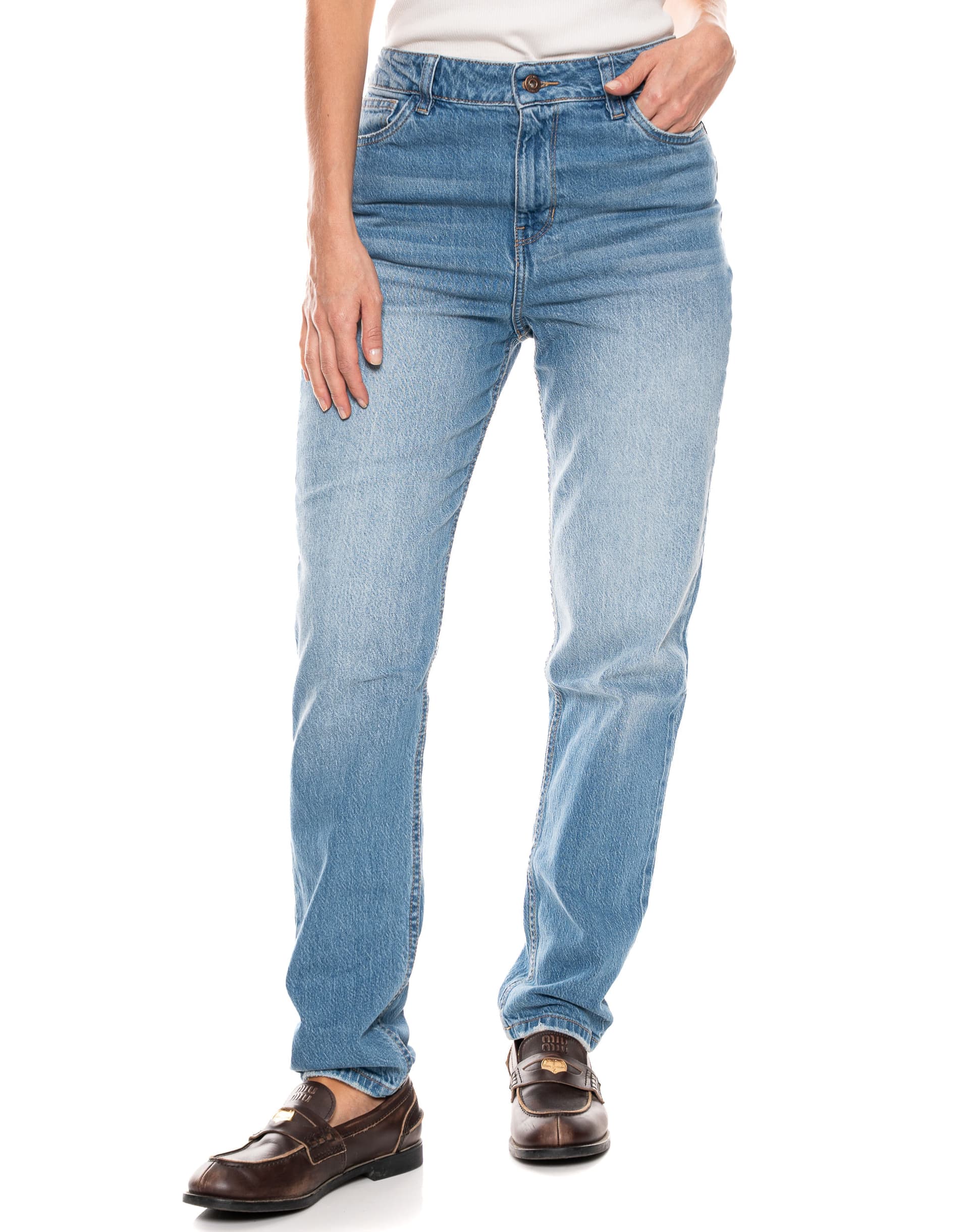 Jeans Straight Tiro Alto Tono Medio Claro