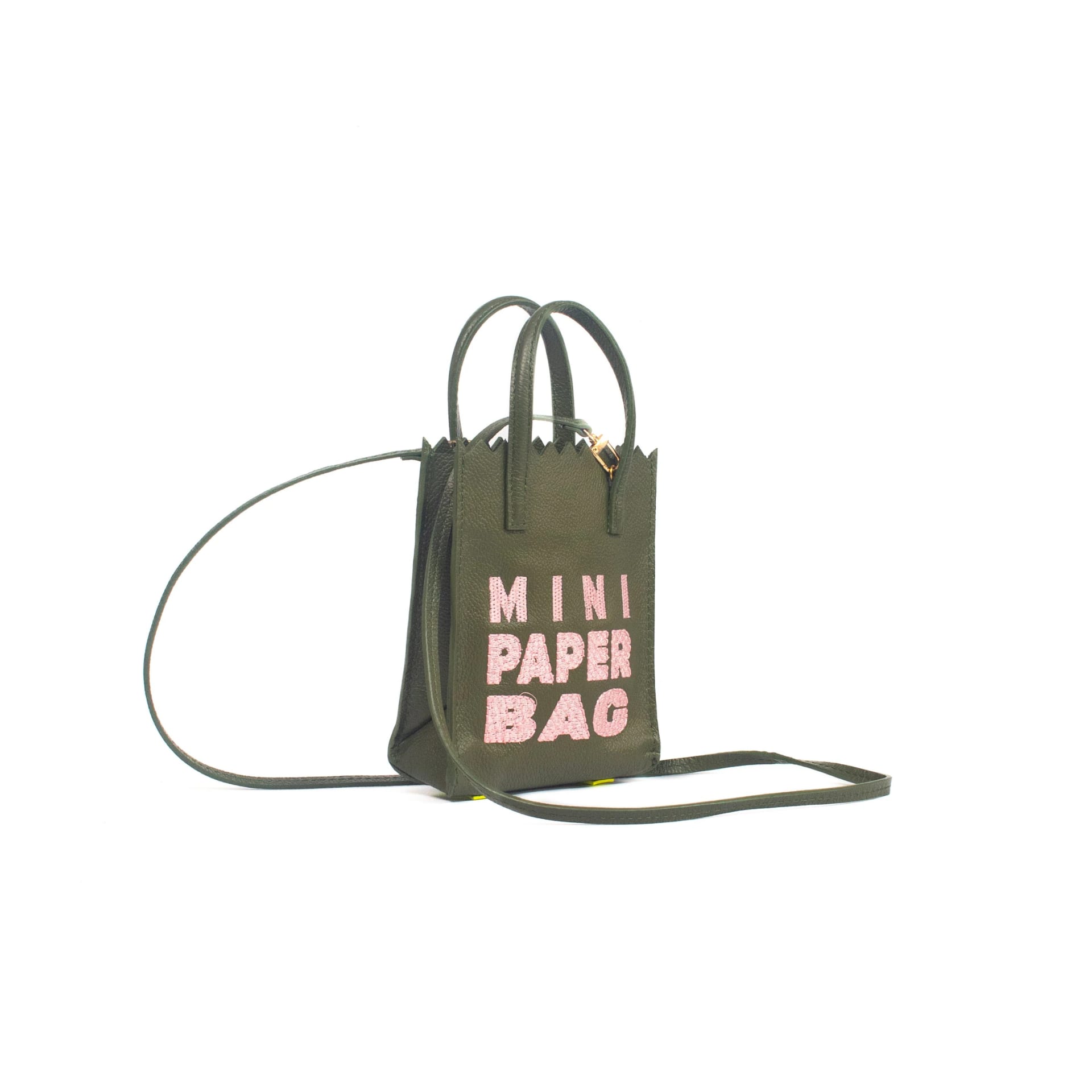 Mini Paper Bag - Olive Green - Pink Embroidery - imagen 2