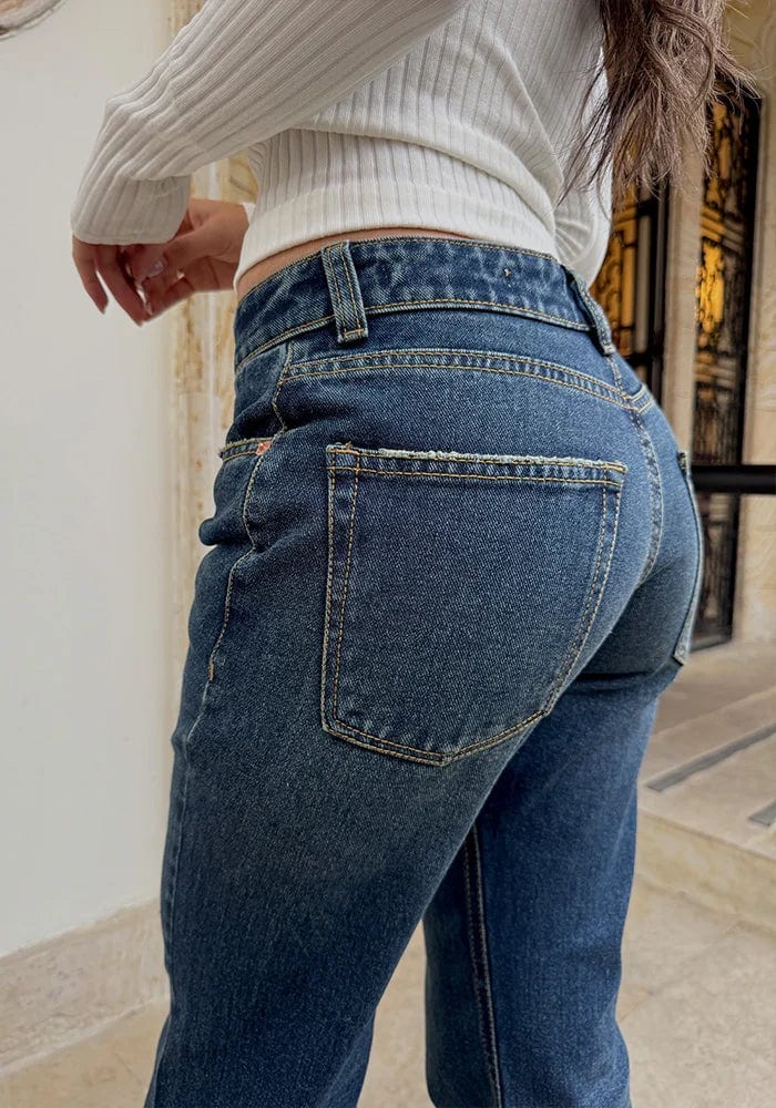 Jeans Straight Leg Azul Oscuro Dirty Tiro Bajo - imagen 5