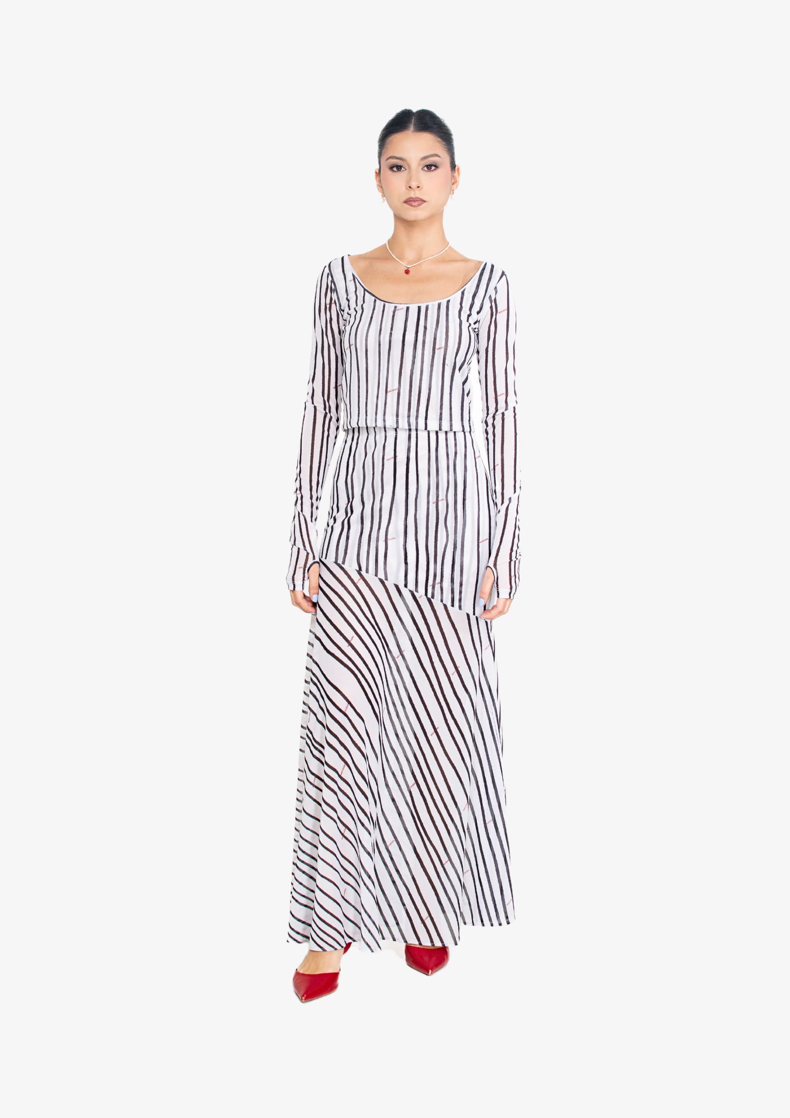 White Stripes Mesh Long Sleeve Blouse - imagen 4