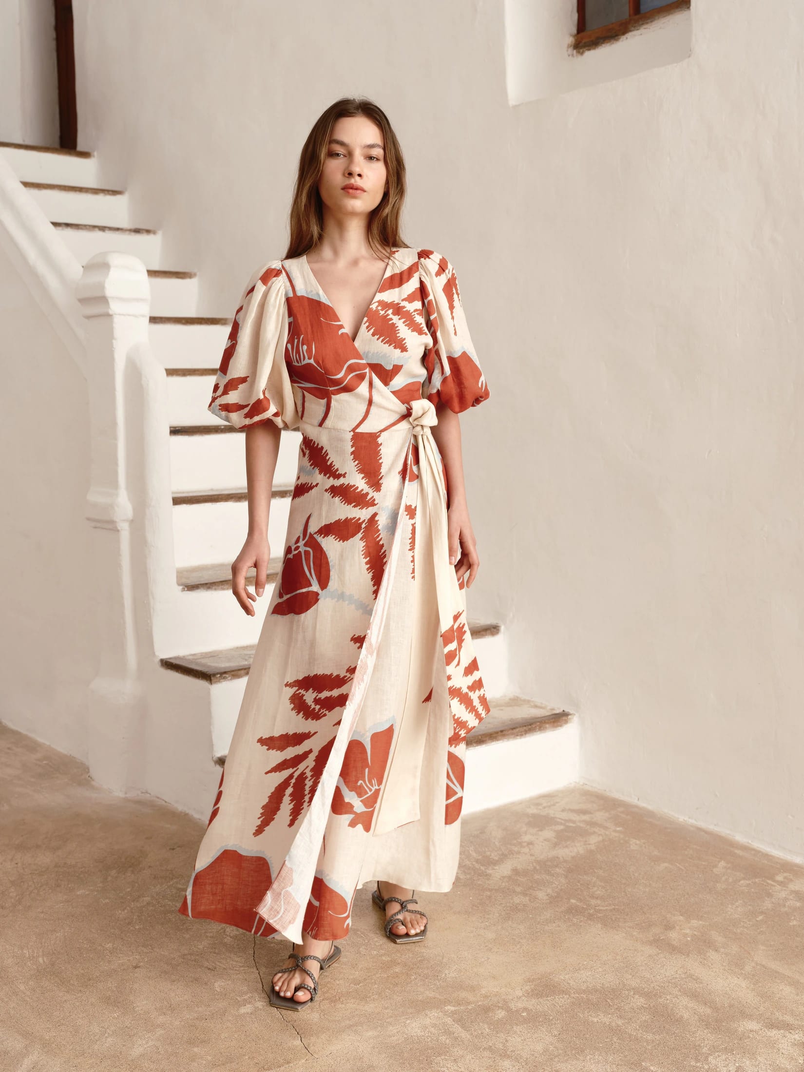Ermita Linen Midi Dress / Ecru - Orange Gladiolos - imagen 1