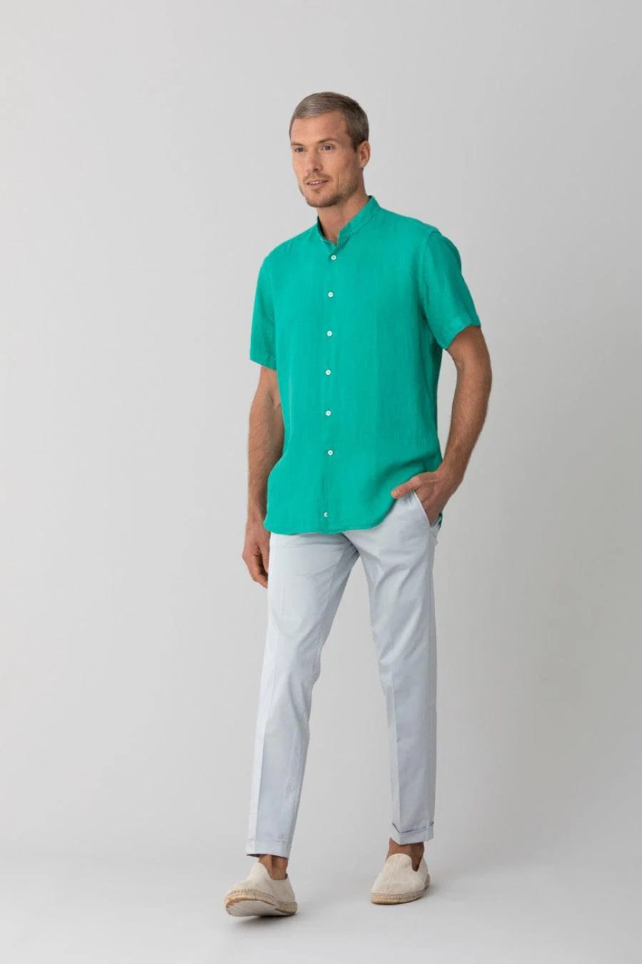 men’s linen shirt mao green basic - imagen 5