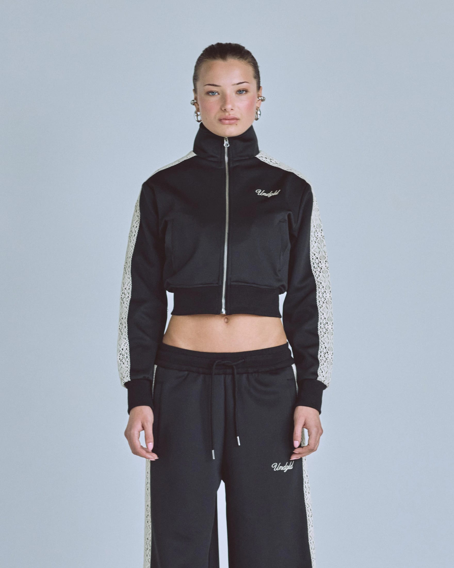 W Basics Undgld Lace-panel Track Jacket Black - imagen 2