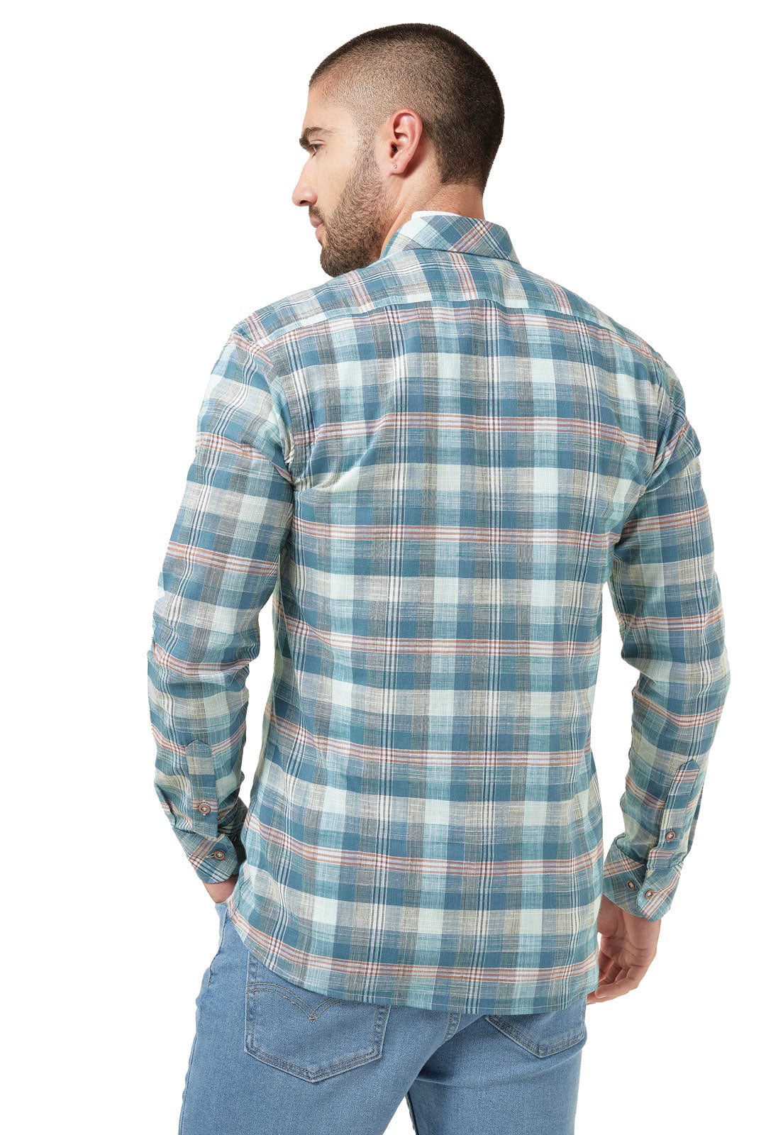 Camisa leñadora verde con tonos azules y blanco doble bolsillo - imagen 2