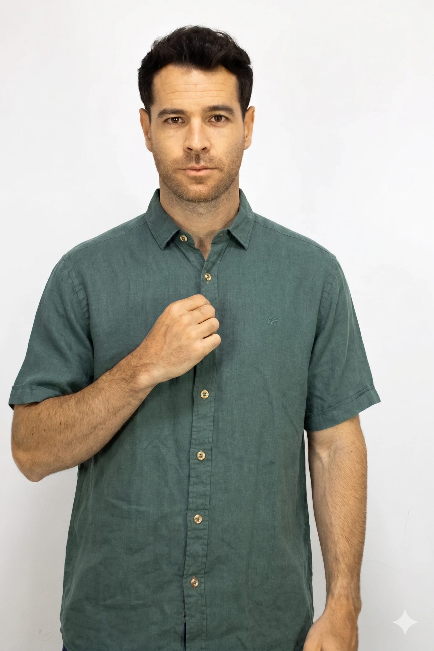 Camisa Lino Manga Corta Verde Para Hombre - imagen 1