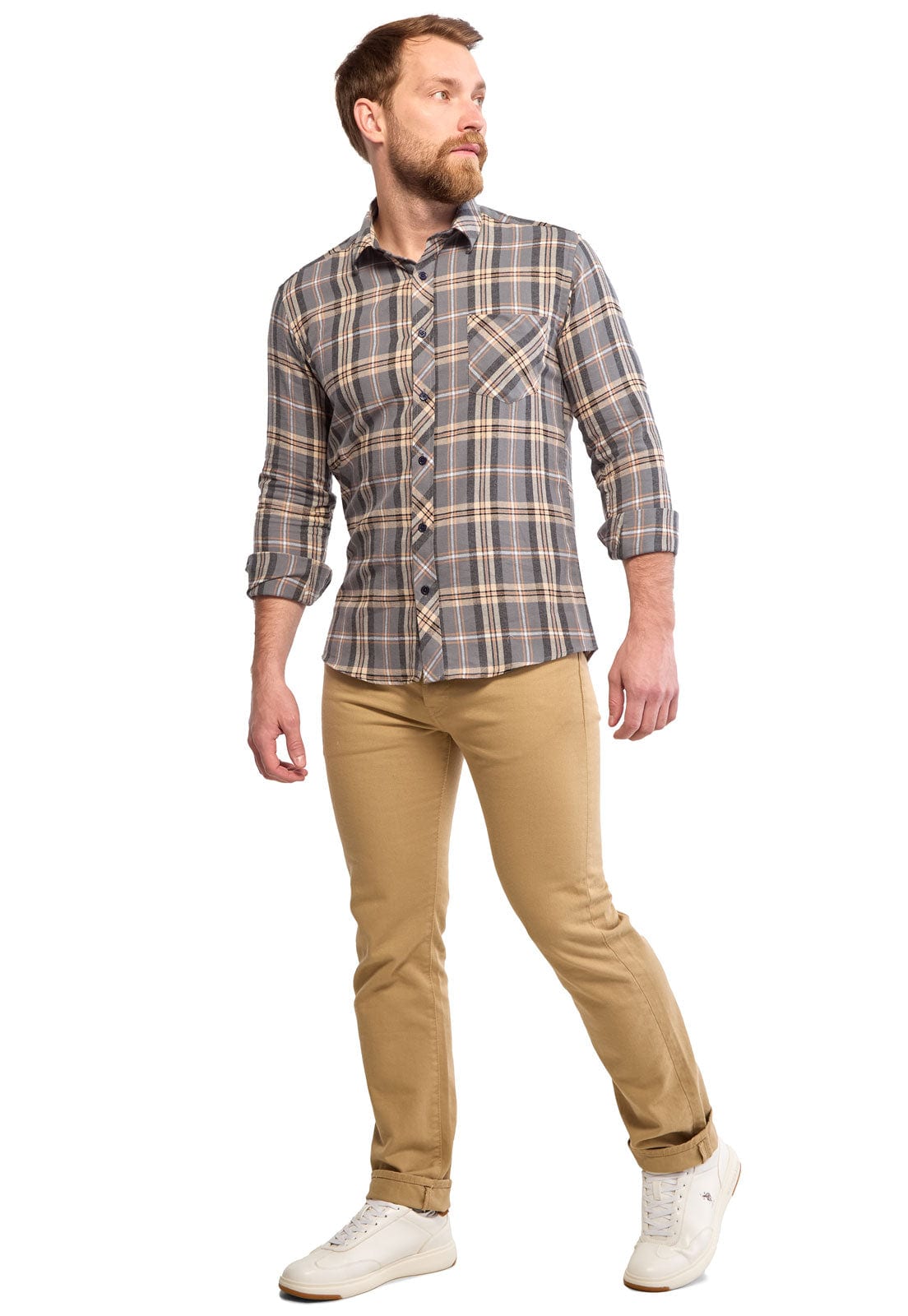 Camisa leñadora gris con cuadros naranja - imagen 2