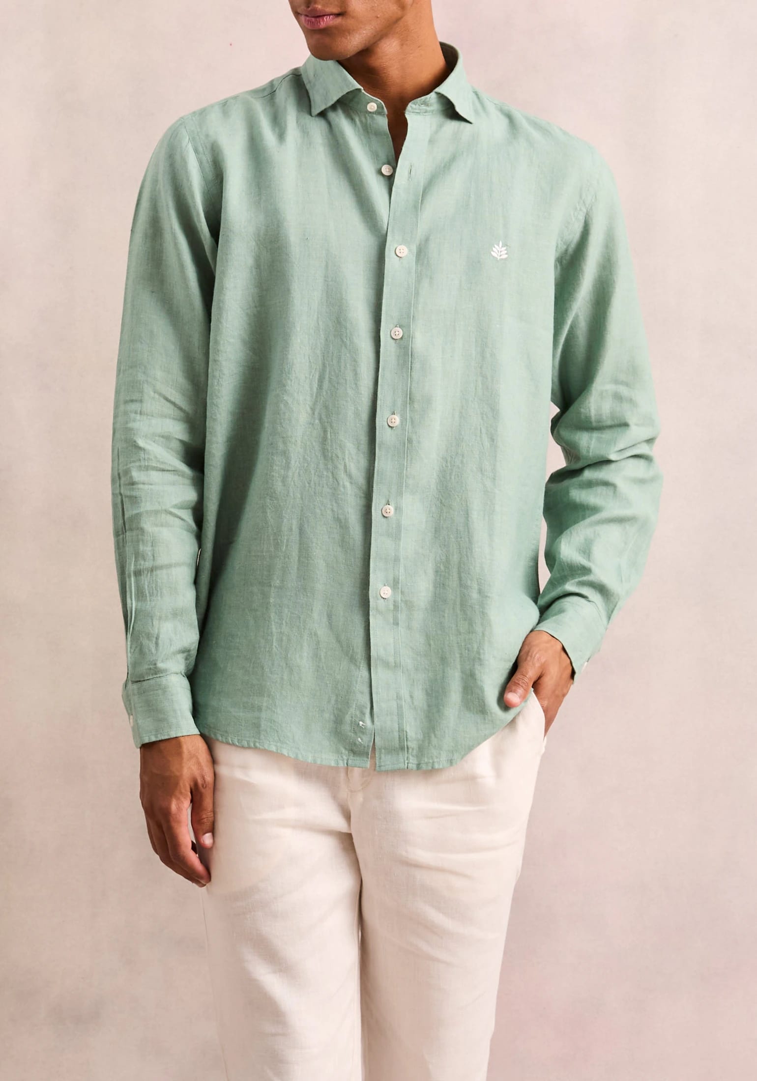 Camisa Lino Cuello Francés Verde Medio L-Bla - imagen 4
