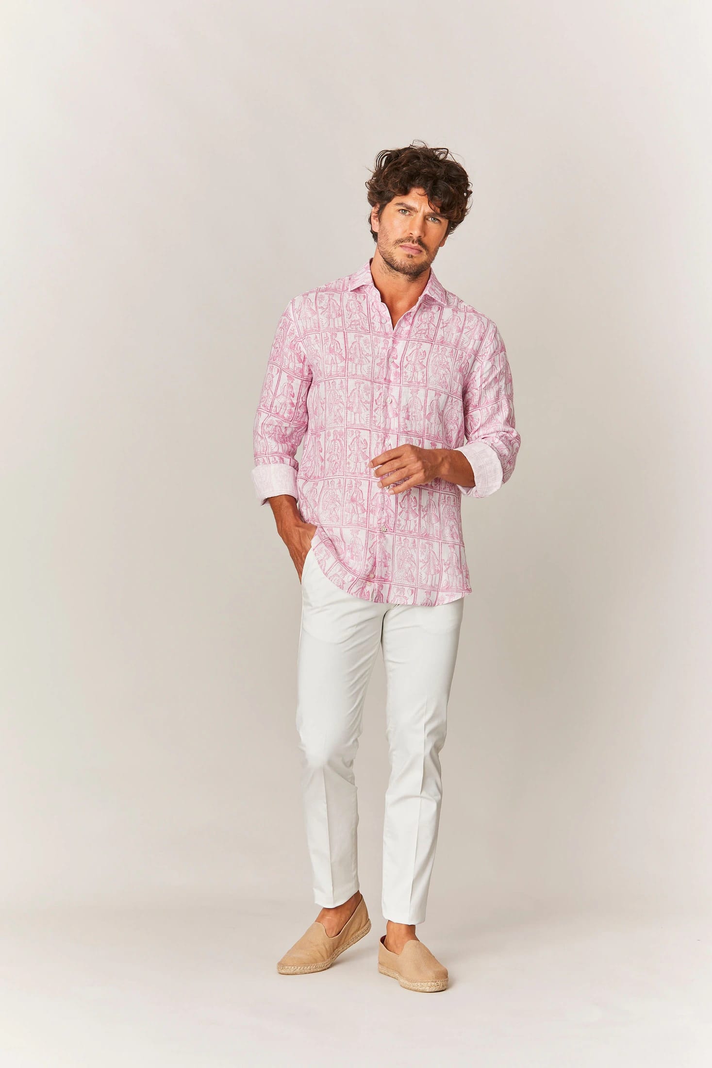 Men's linen shirt pink cards - imagen 4