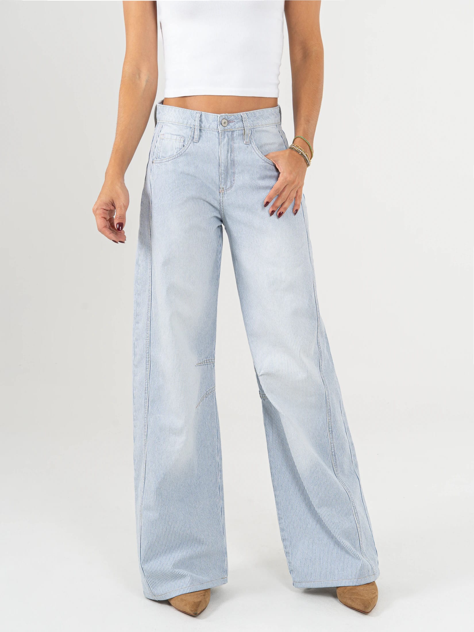 Ref: 066089 Jean wide leg, rayas, rígido, tiro alto, tono azul, pinzas en pierna - imagen 1