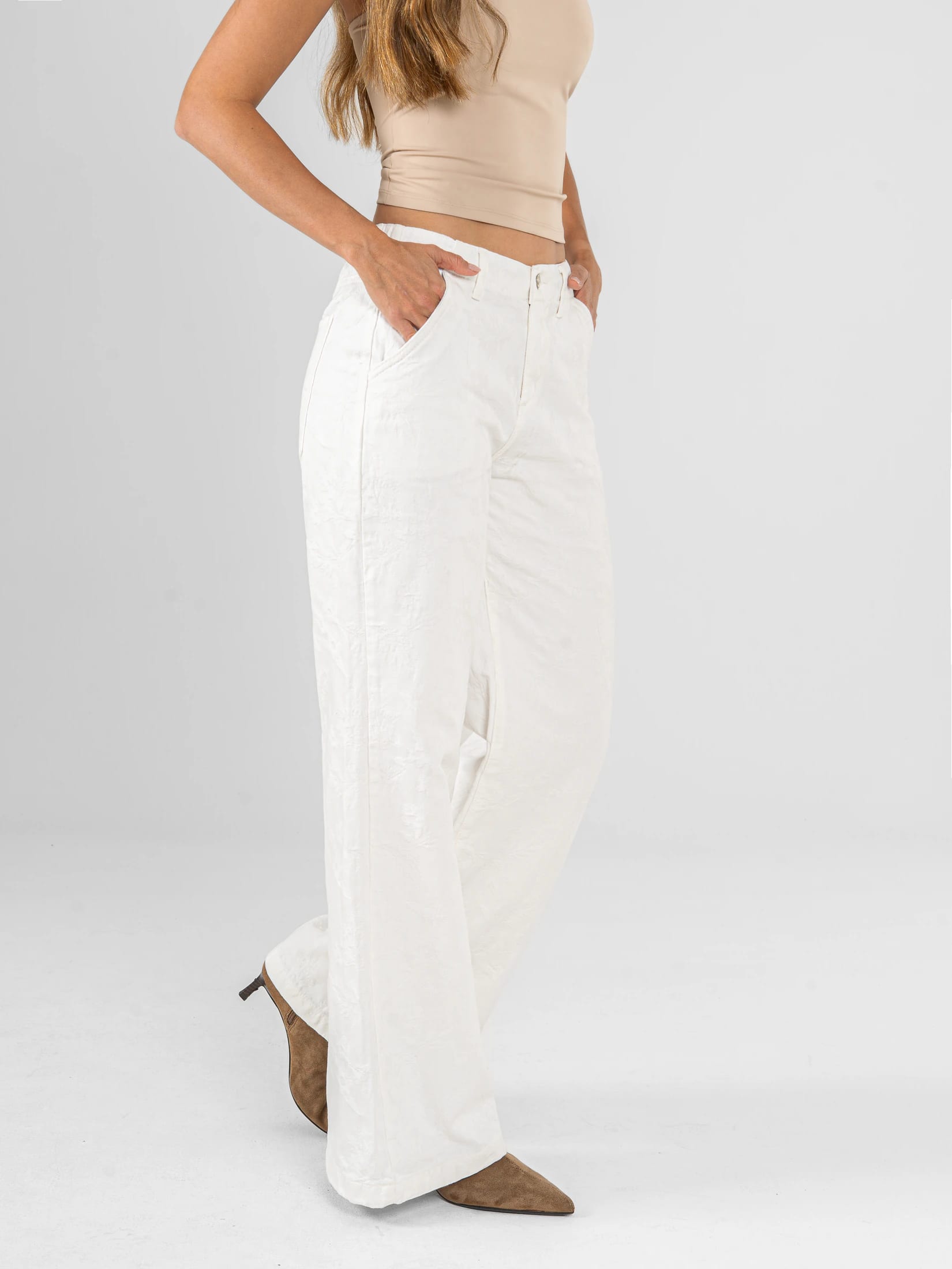 Ref: 0620447 Pantalón palazzo, tiro medio, pretina resortada, tono ivory - imagen 3