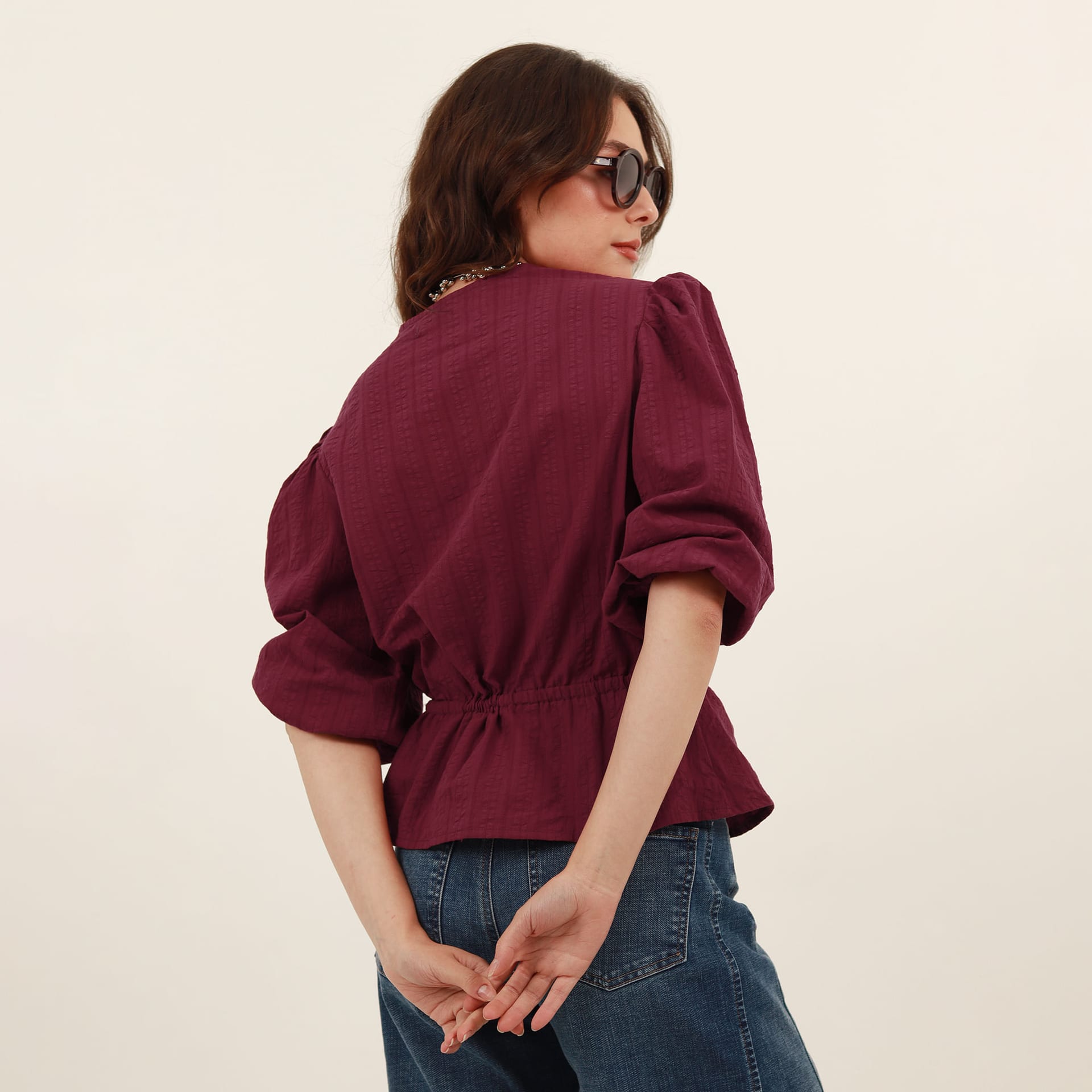 Blusa abierta cuello redondo manga globo 3/4 con cordón en cintura - imagen 16