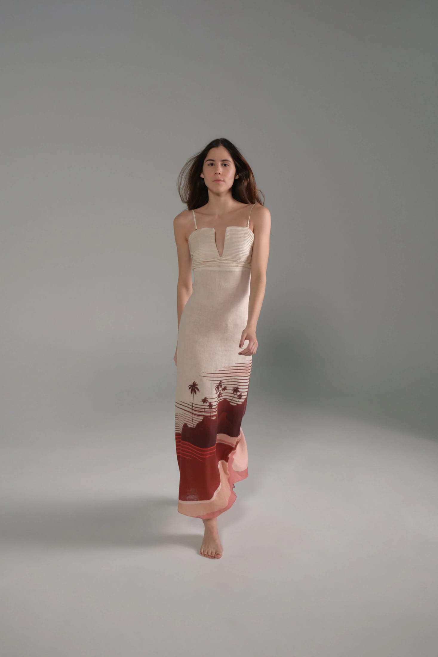 Antigüa Linen Midi Dress / Red Tropical Landscape - imagen 1