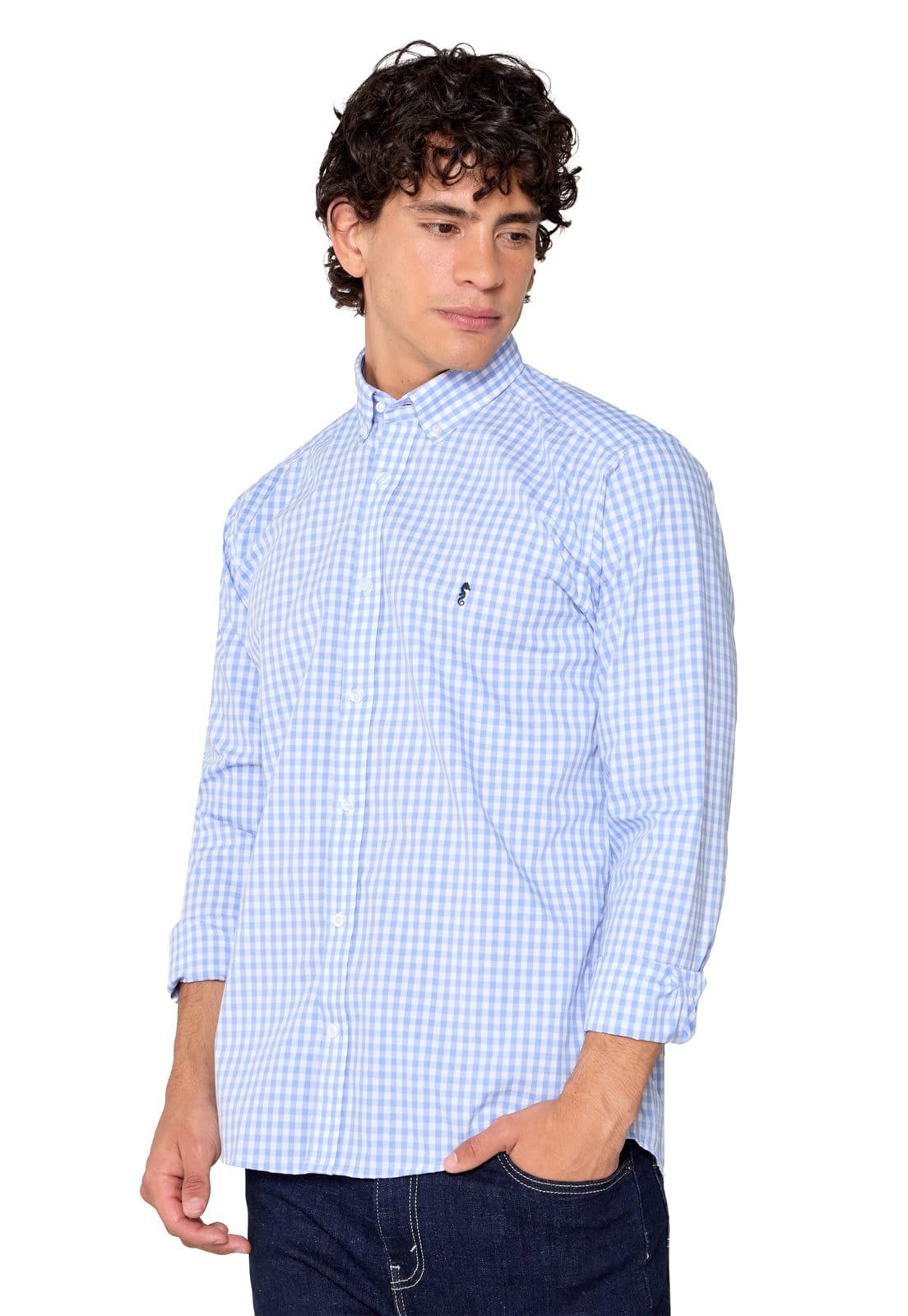 Camisa Manga Larga Maxi Cuadros Azul Claro - imagen 1