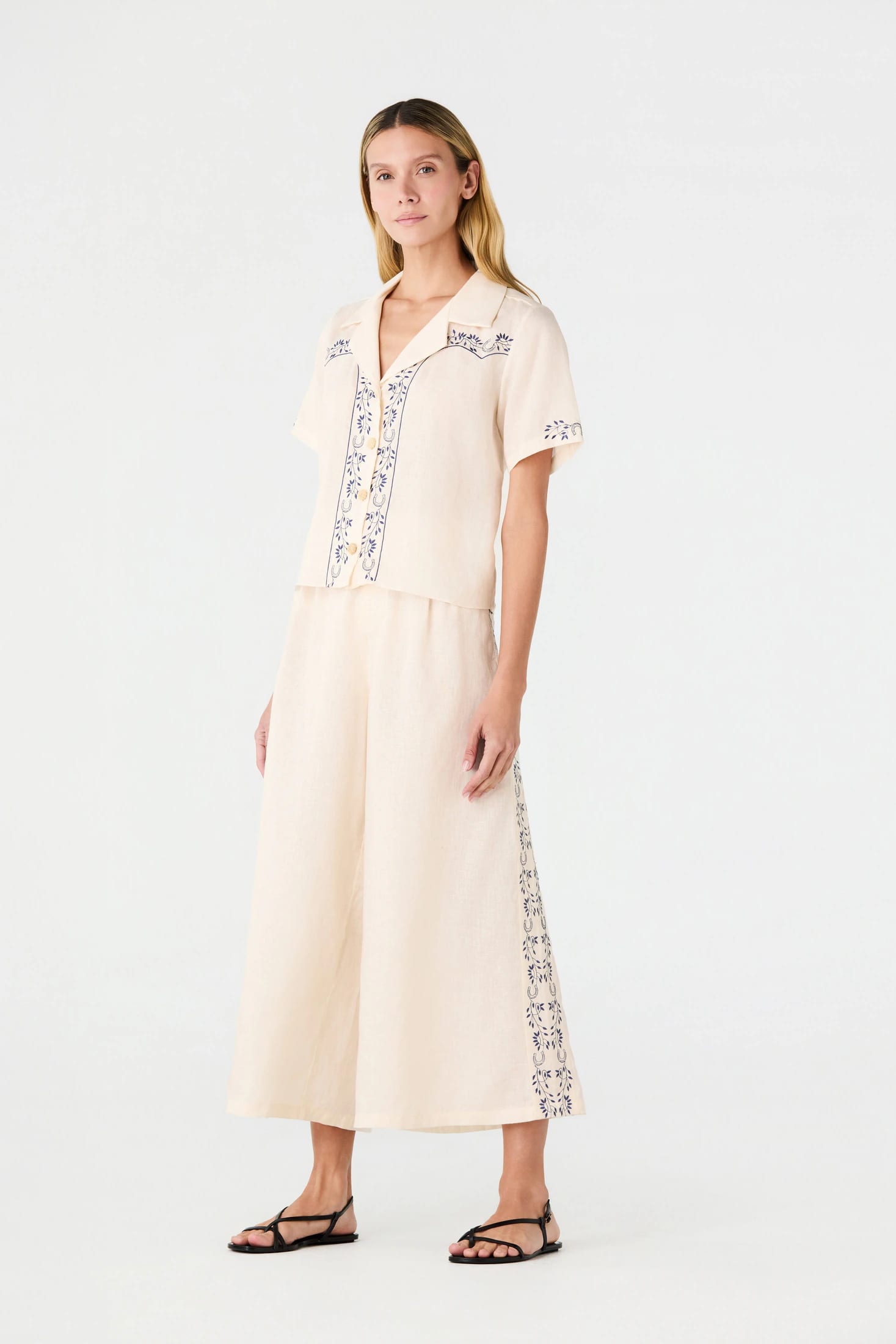 Jared Linen Capri Pants / Ivory Blue Horseshoes - imagen 2