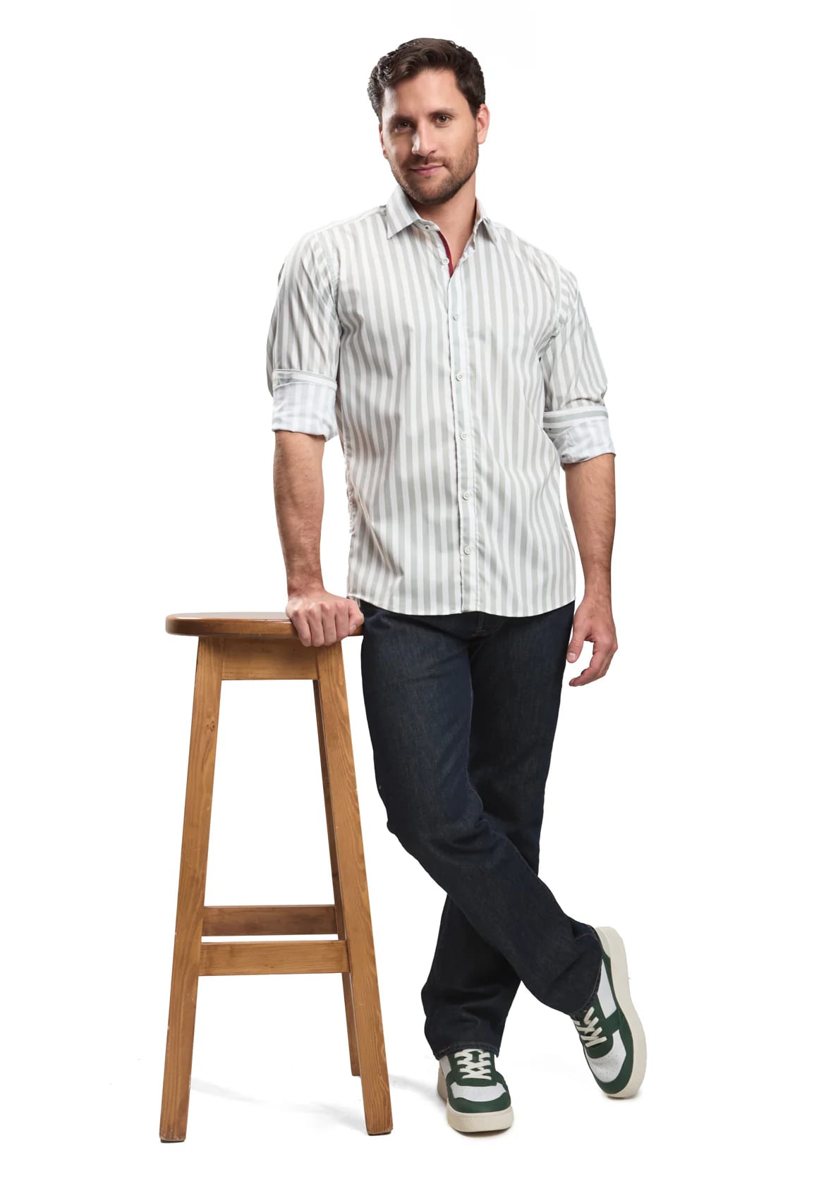 Camisa casual slim fit blanca a rayas verdes - imagen 5