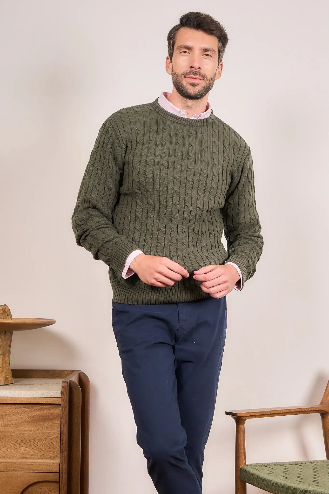 Suéter trenzado cuello redondo Hombre Verde - imagen 7