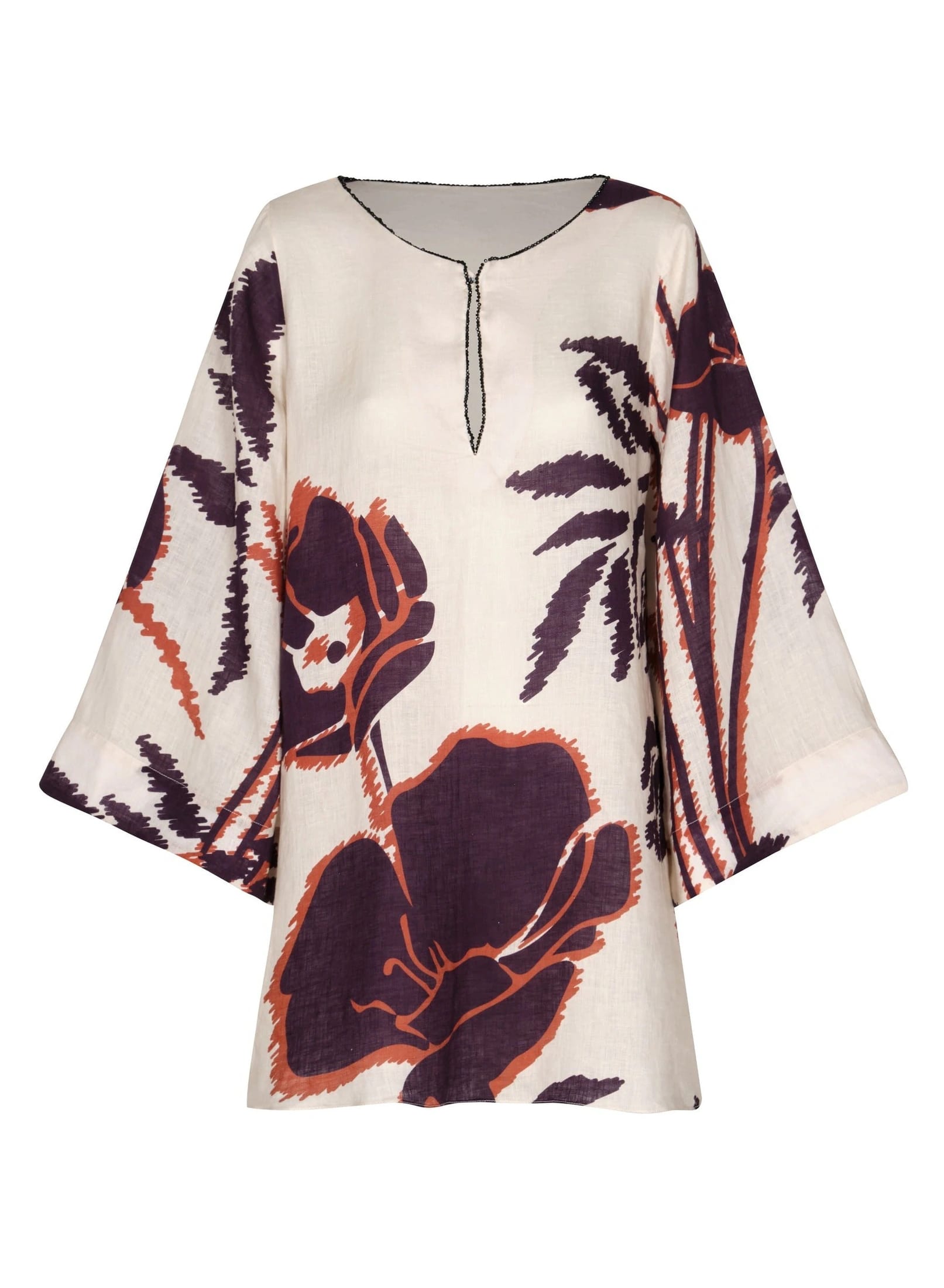 Nazare Linen Mini Tunic Dress / Ecru - Purple Gladiolos - imagen 2