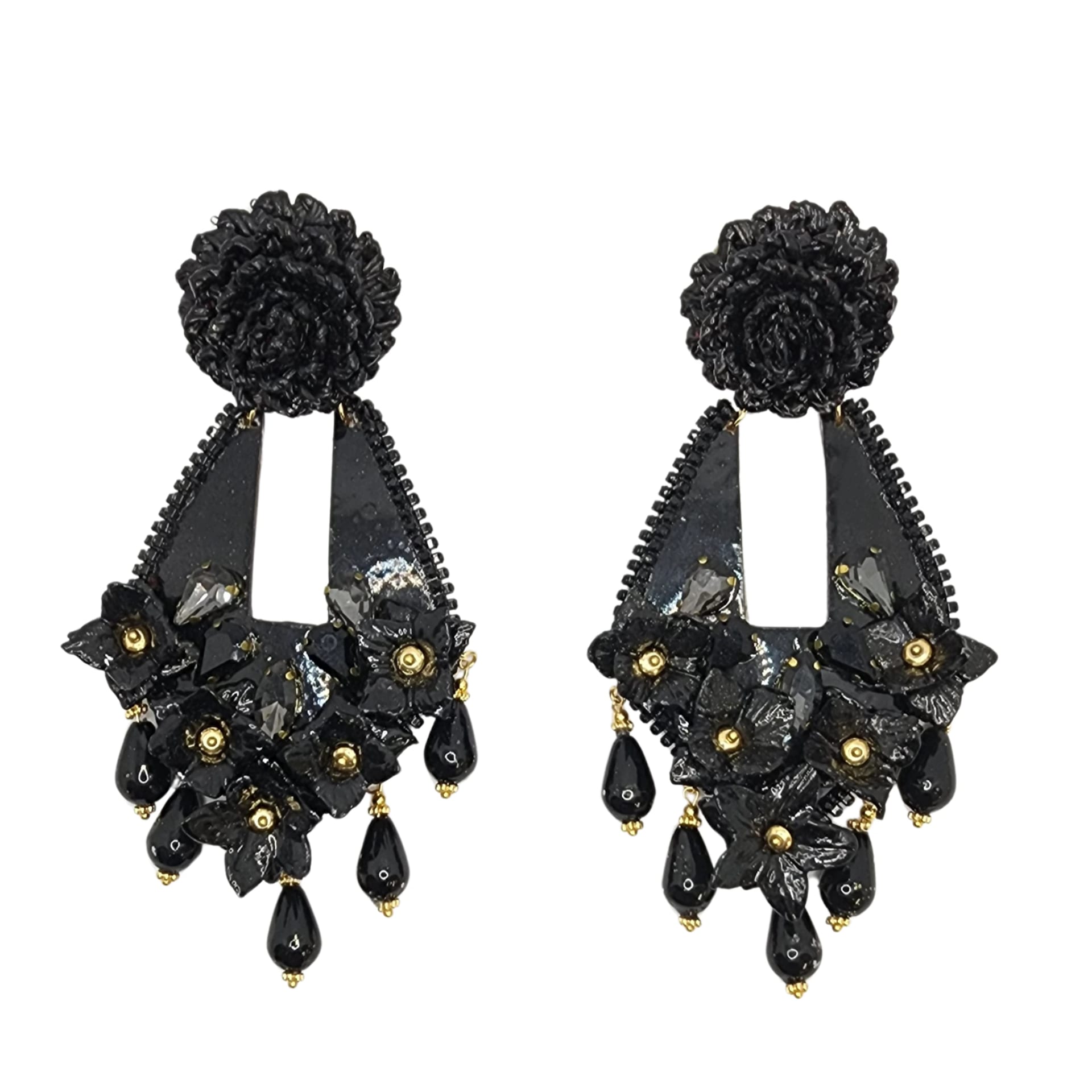 Fiber Black Flower Earrings - imagen 1