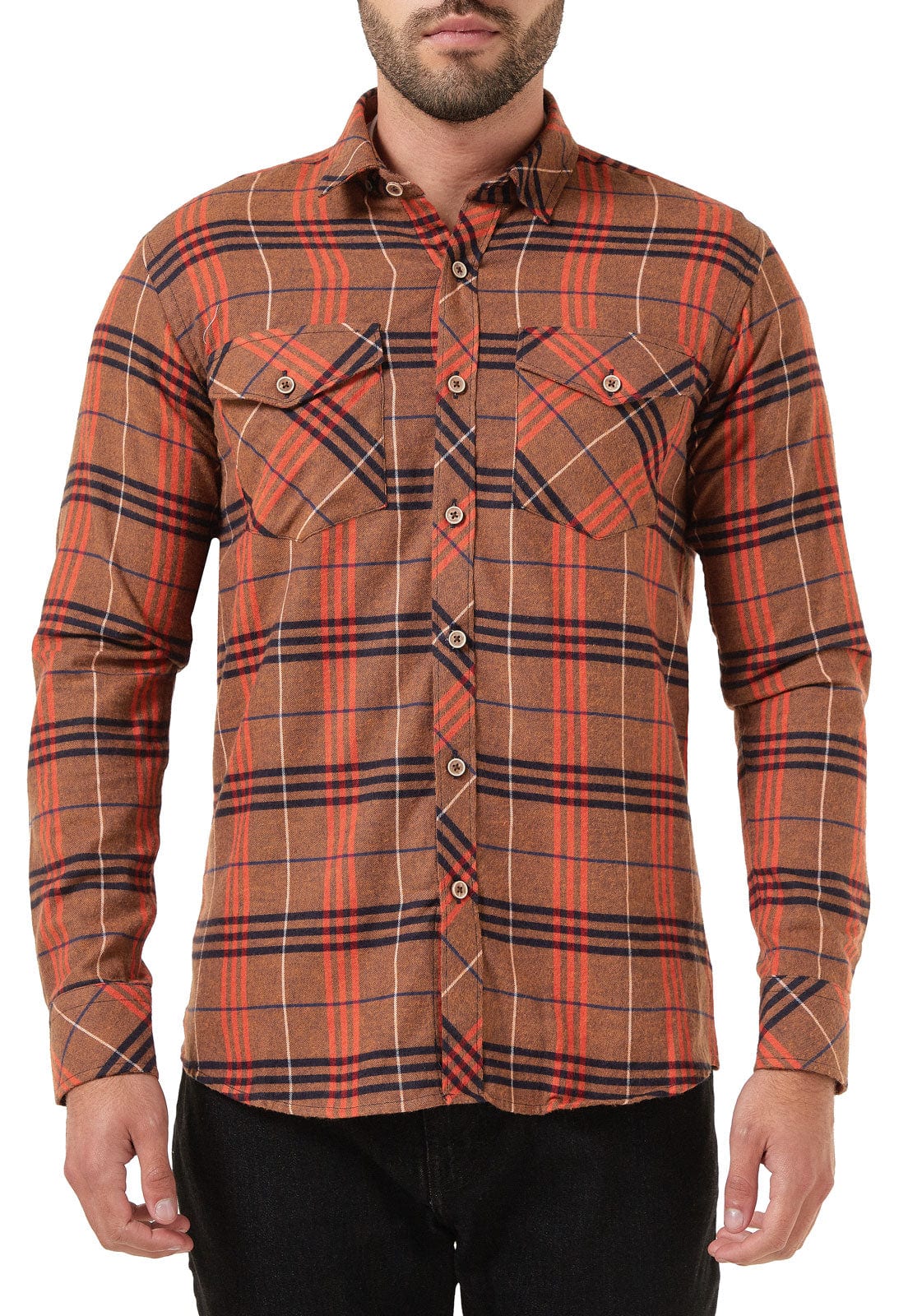 Camisa leñadora camel con naranja y negro doble bolsillo - imagen 3