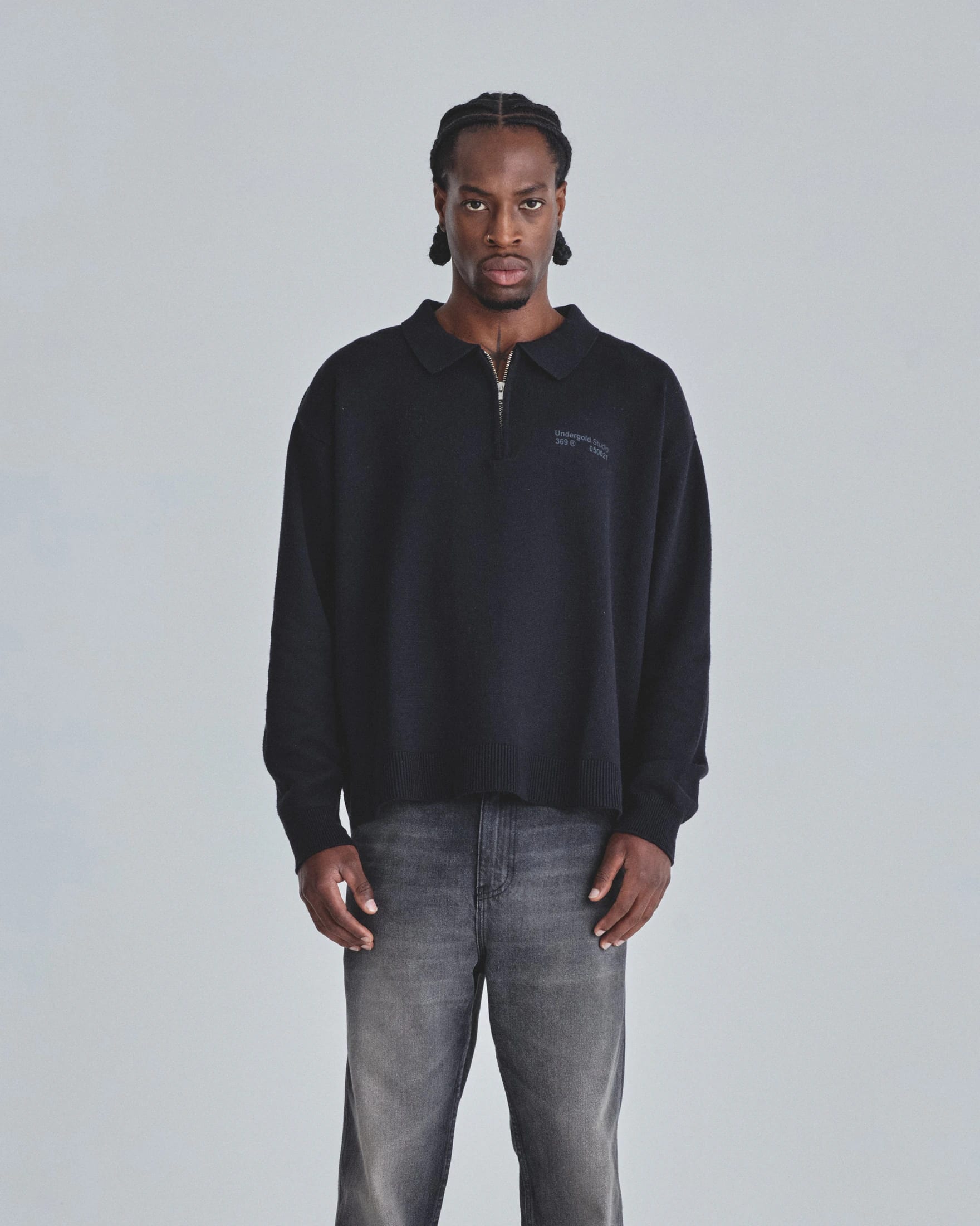 Line Knit Zip Up Long Sleeve Polo Shirt Black - imagen 2