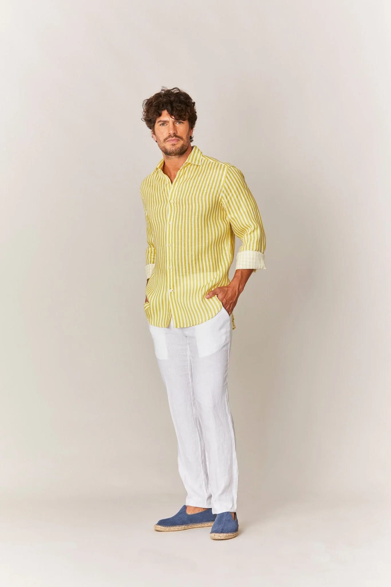 Men's linen shirt yellow striped - imagen 9