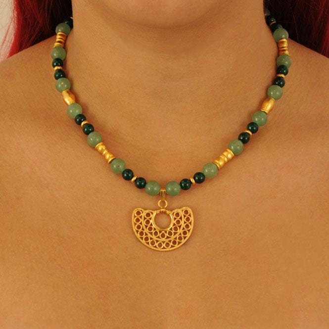 Collar aventurina verde, fossil y dije nariguera filigrana doble Sinú - imagen 2