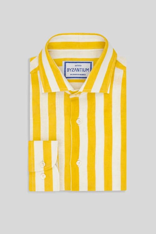 Men's linen shirt yellow faded striped - imagen 6
