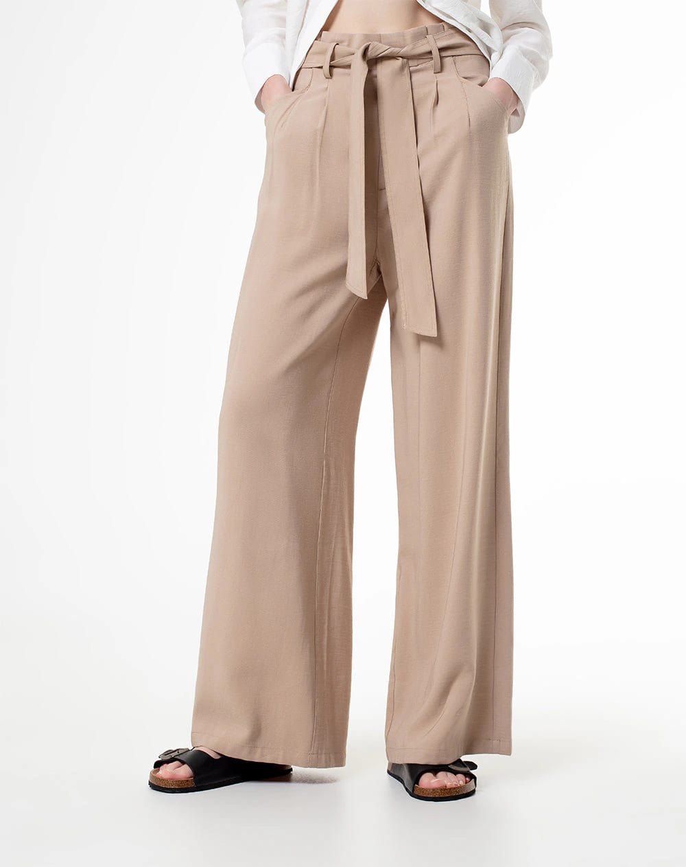 Pantalón palazzo tiro alto pliegues delanteros y cinturón caqui para mujer - imagen 5