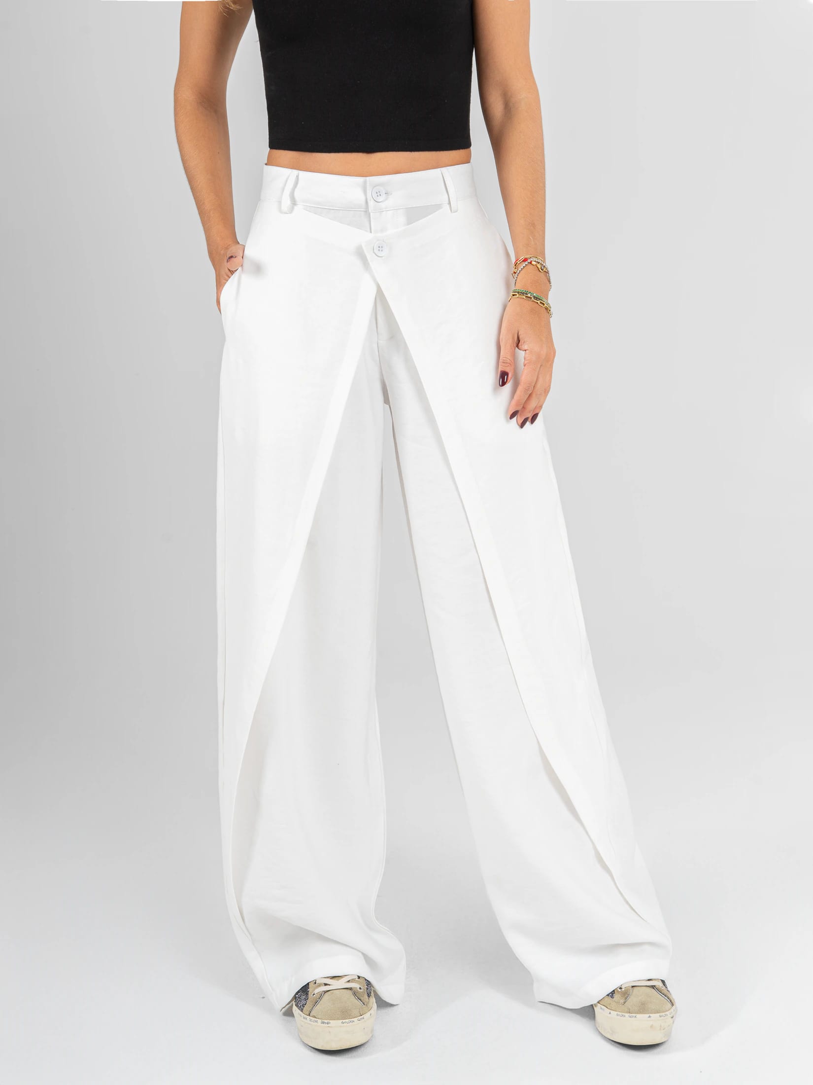 Ref: 0620550 Pantalón wide leg, tejido plano liviano, tiro alto, detalle delantero, tono ivory - imagen 1
