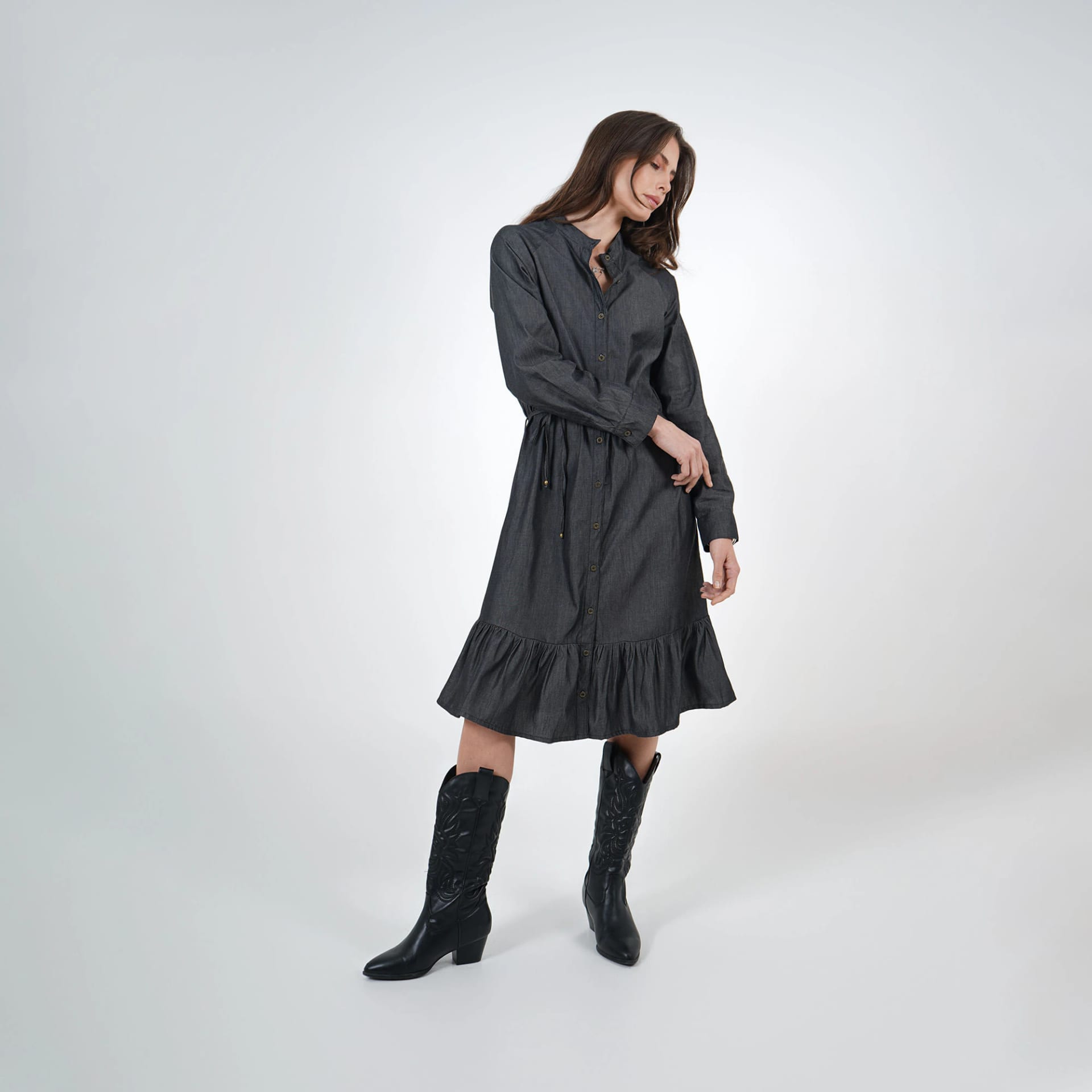 Vestidi midi camisero en denim con lazo - imagen 8