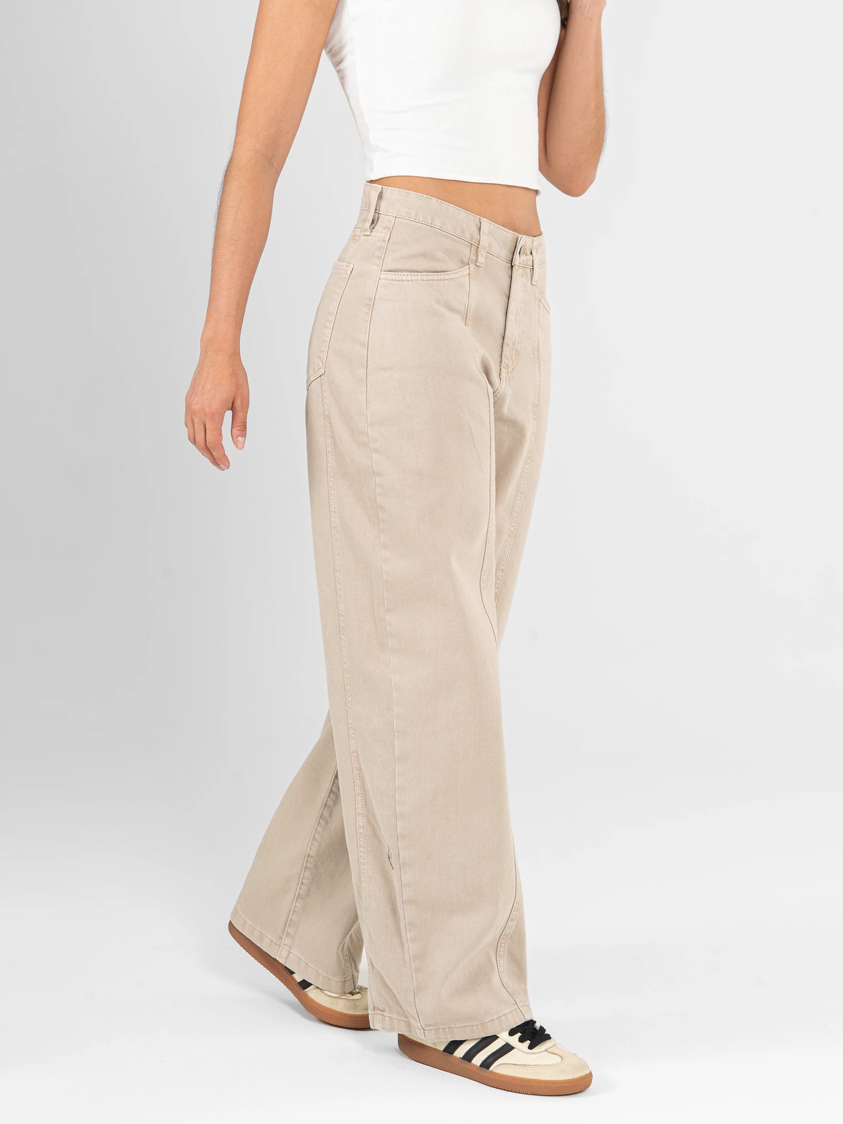 Ref: 0620451 Pantalón wide leg, rígido, tiro alto, con cortes, tono caqui - imagen 4