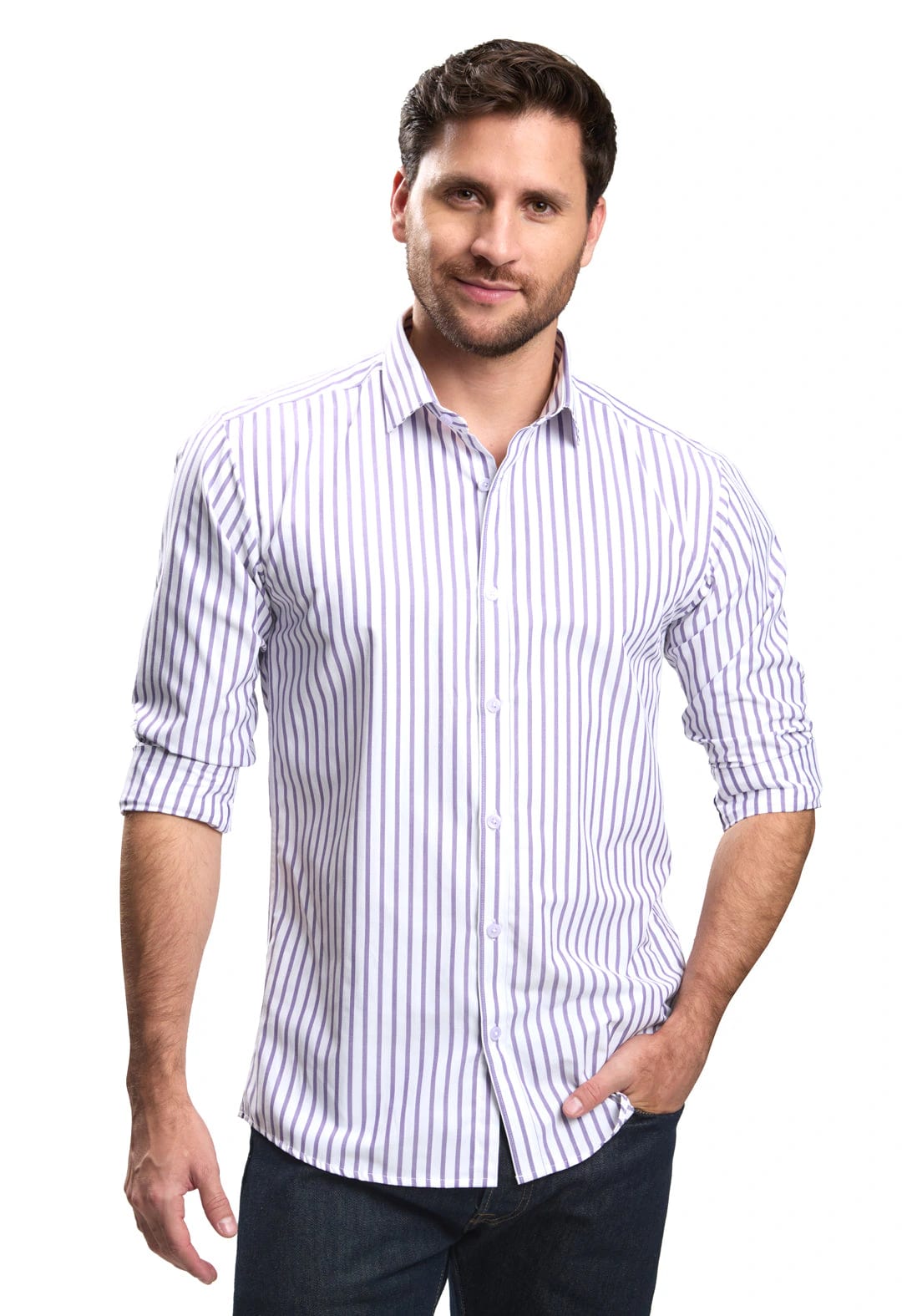 Camisa casual slim fit blanca a rayas lila - imagen 1