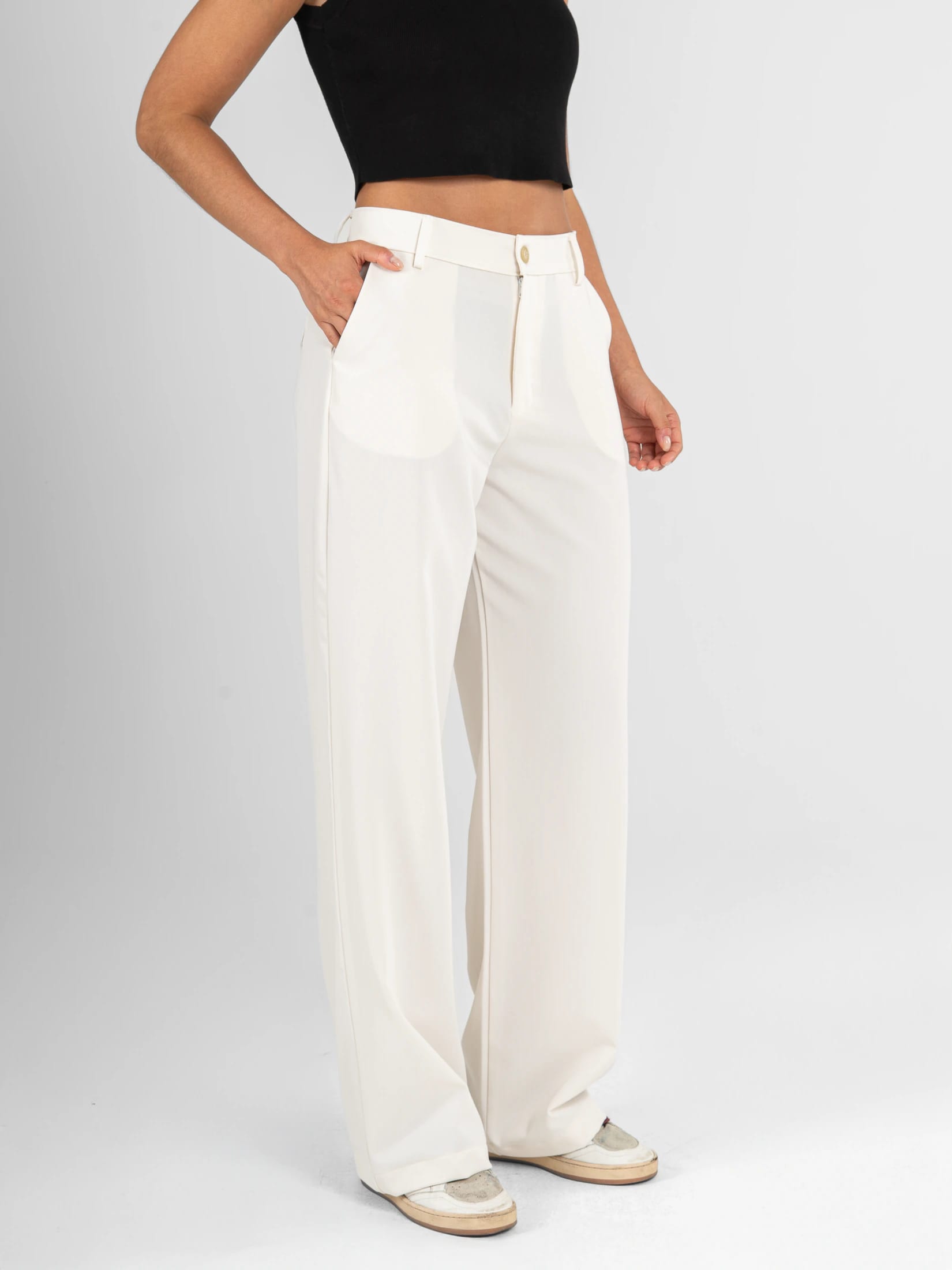 Ref: 0620608 Pantalón straight leg, tehido plano liviano, tiro alto, tono ivory - imagen 3