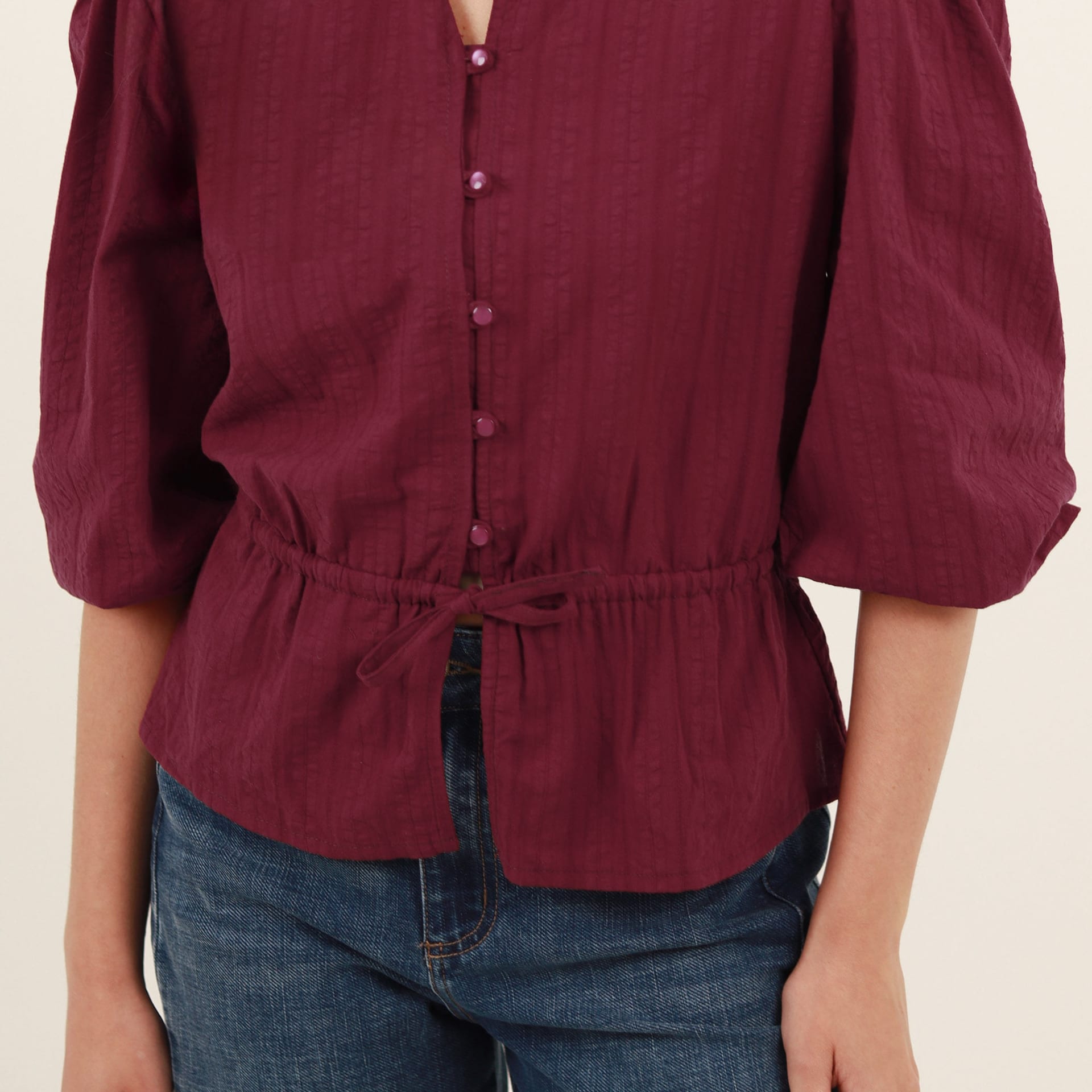 Blusa abierta cuello redondo manga globo 3/4 con cordón en cintura - imagen 5