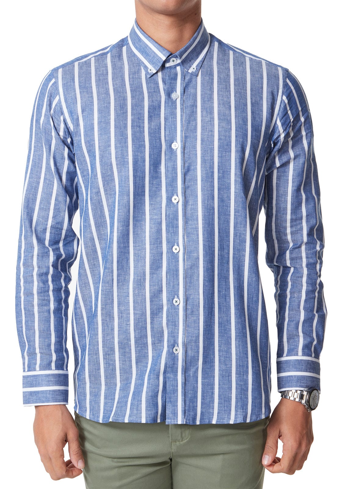 Camisa en Lino azul con rayas blancas - imagen 3