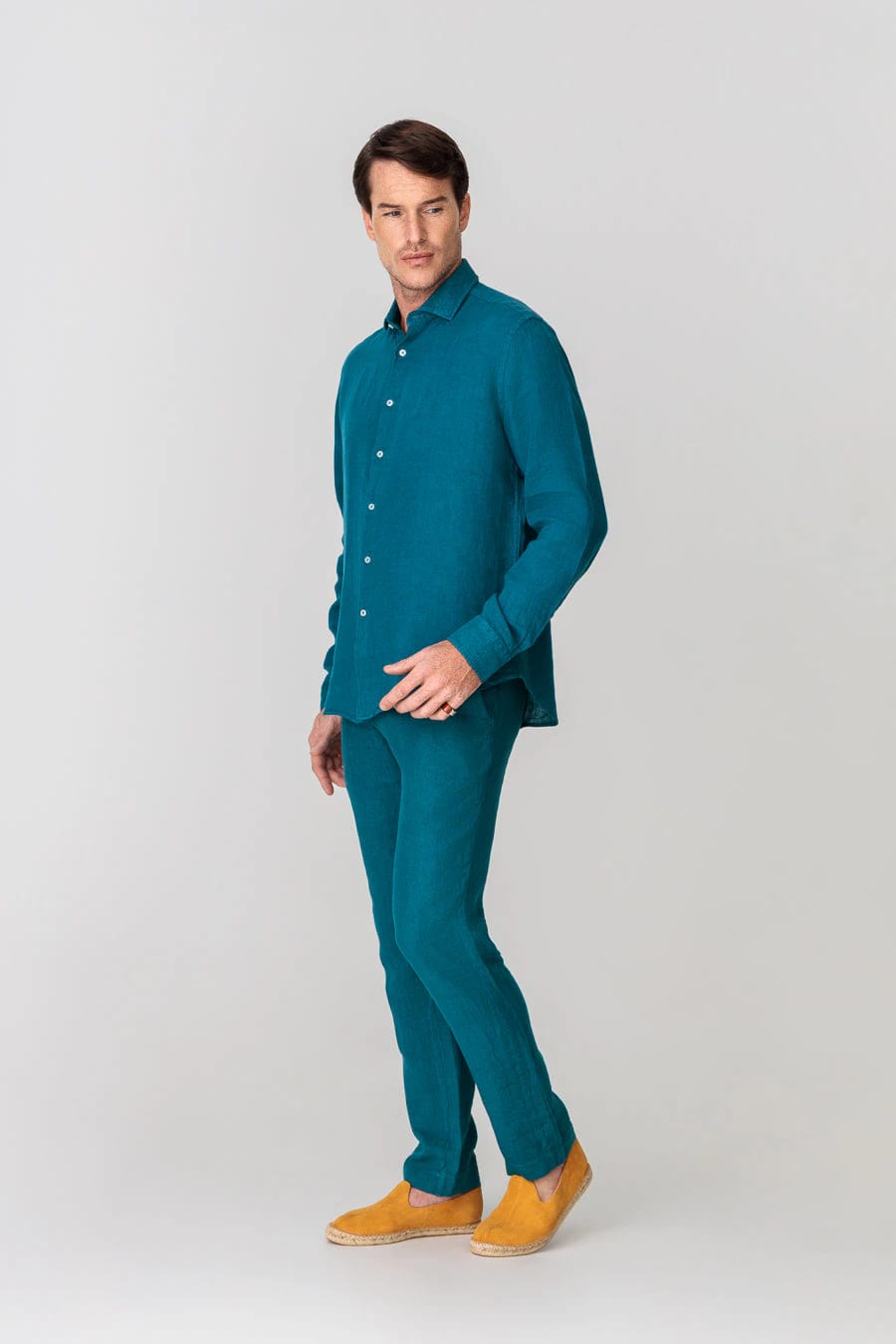 Men's linen shirt petrol blue basic - imagen 4