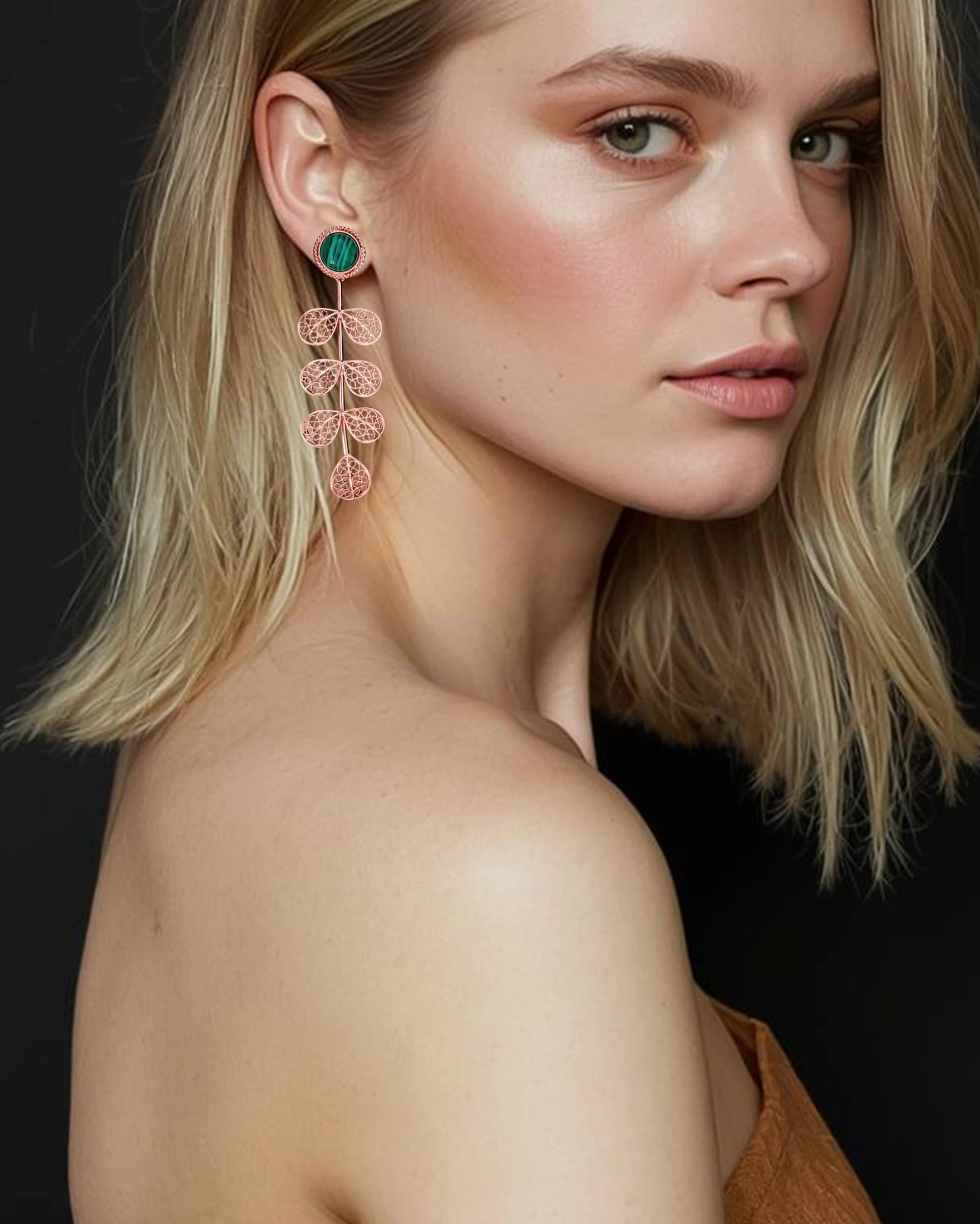 Aretes largos filigrana Hada malaquita - imagen 2