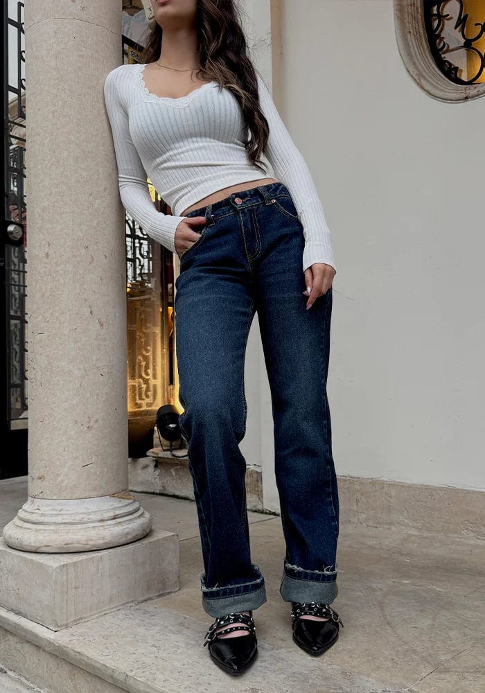 Jeans Straight Leg Azul Oscuro Dirty Tiro Bajo - imagen 9