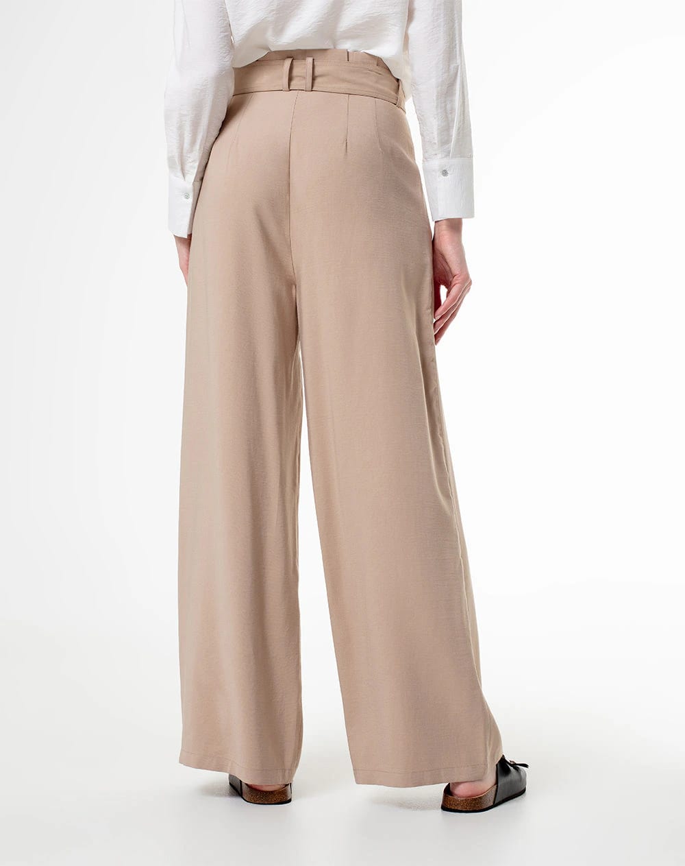 Pantalón palazzo tiro alto pliegues delanteros y cinturón caqui para mujer - imagen 4