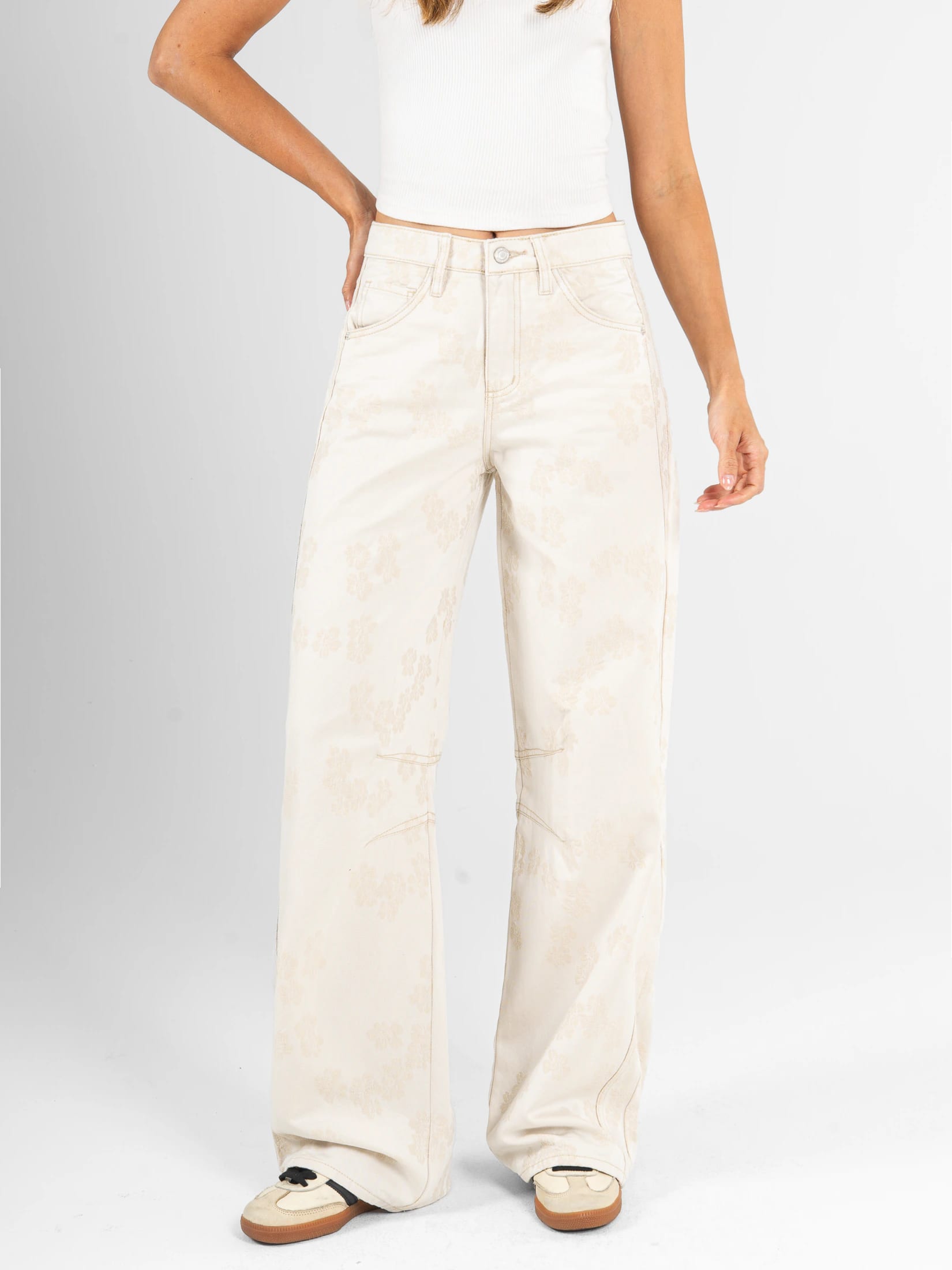Ref: 0620622 Pantalón wide leg, rígido, detalle de tela bordada, tono natural - imagen 4