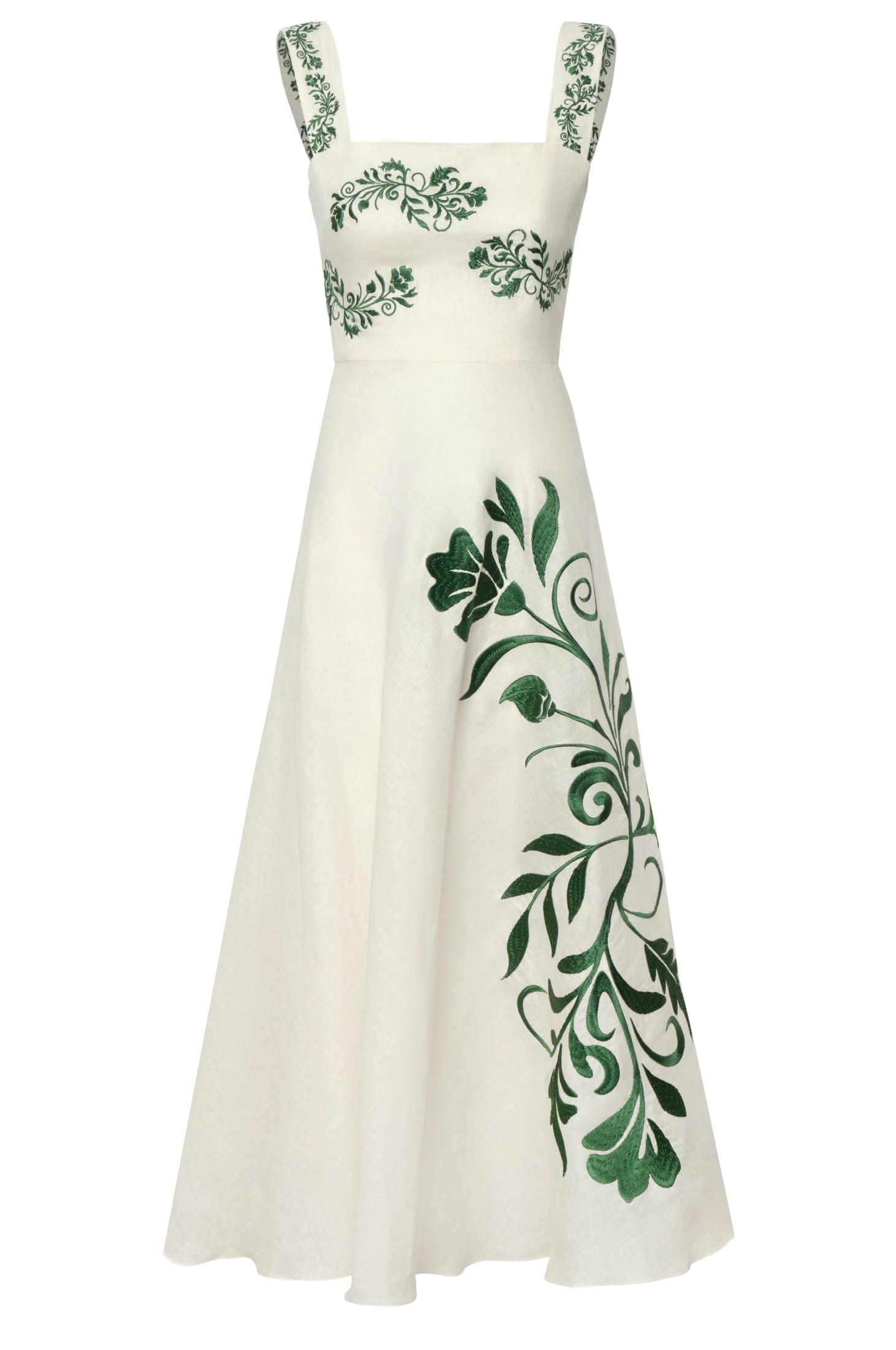 Noelia Embroidered Linen Midi Dress / Ivory Green Buganvilias - imagen 1