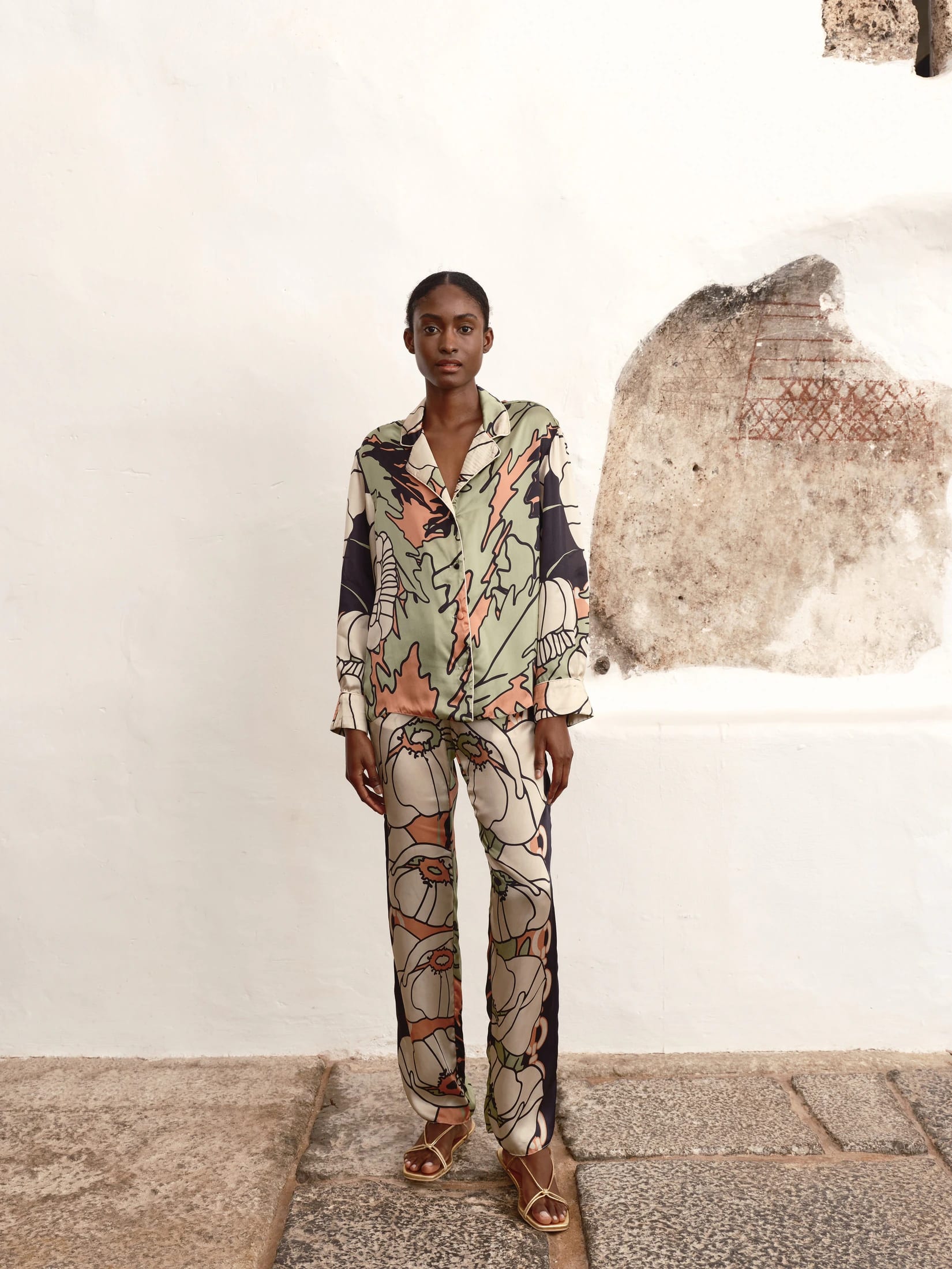 Noches De Luna Satin Silk Shirt / Sage Gladiolos Garden - imagen 2