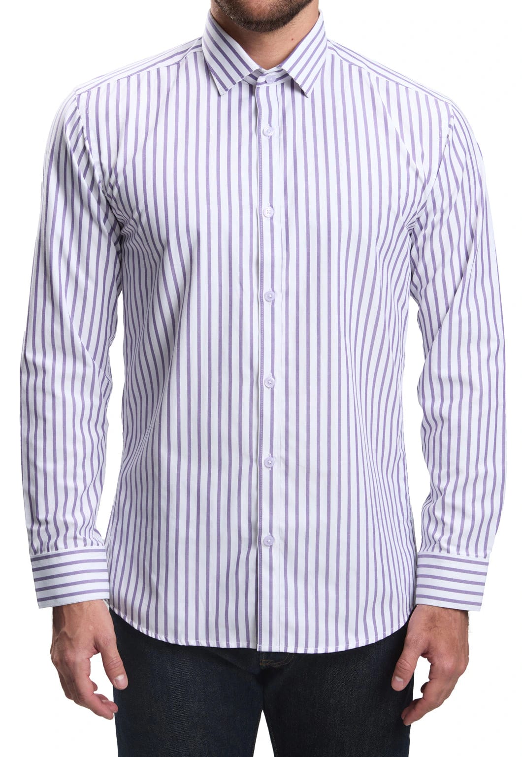 Camisa casual slim fit blanca a rayas lila - imagen 3