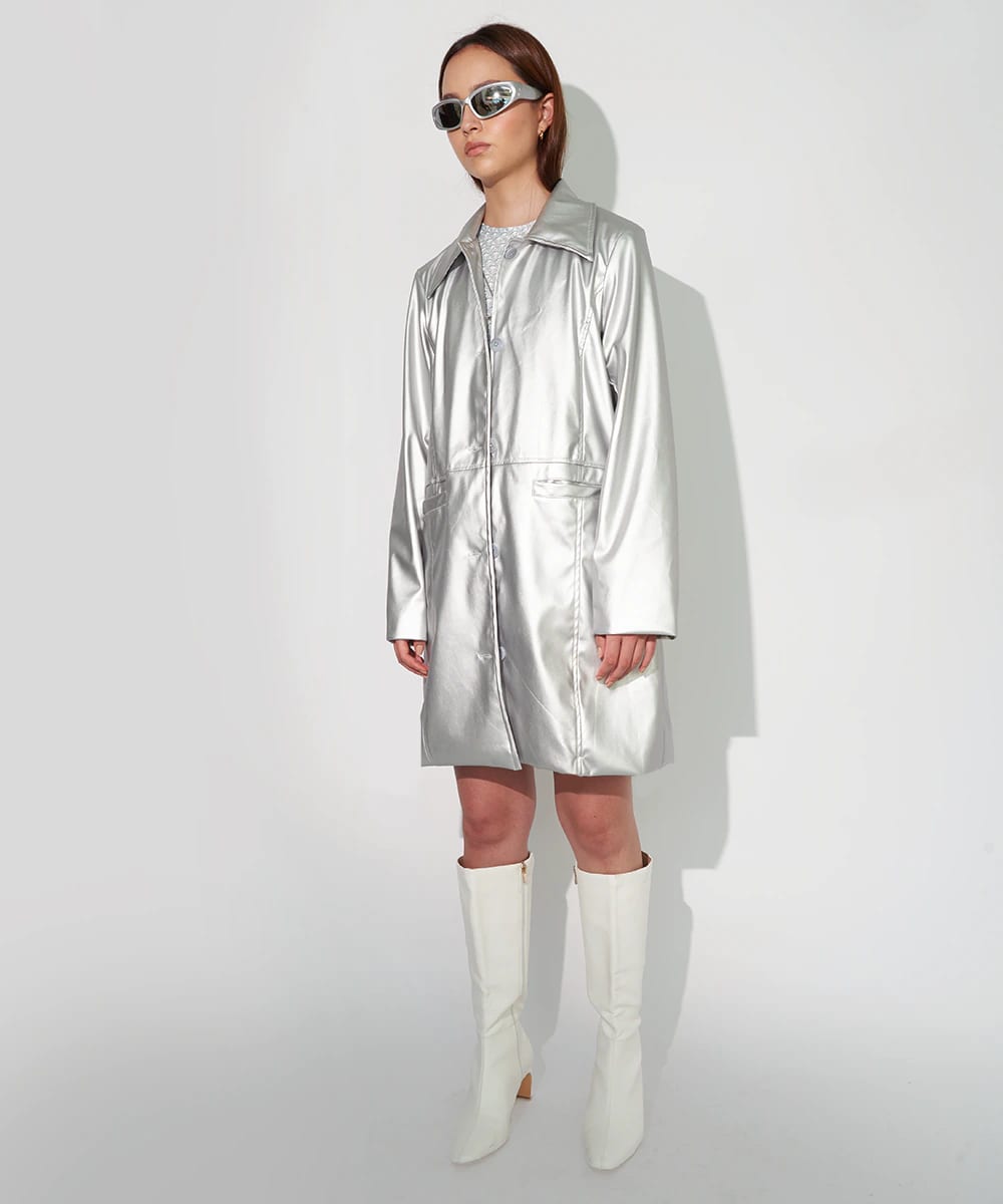 Faux Leather Overcoat In Silver - imagen 2
