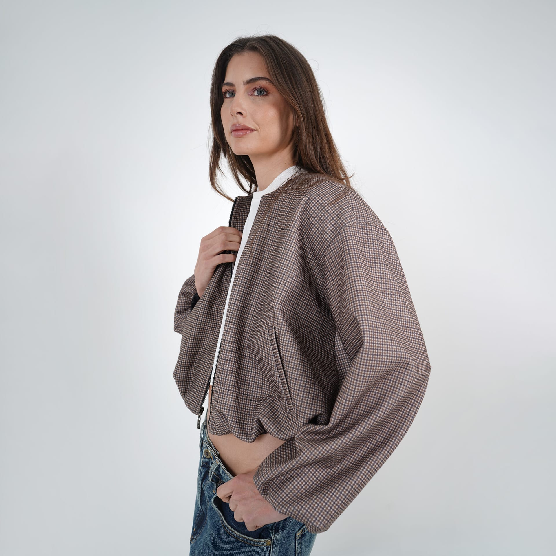 Chaqueta bomber estampado cuadros cuello redondo - imagen 1