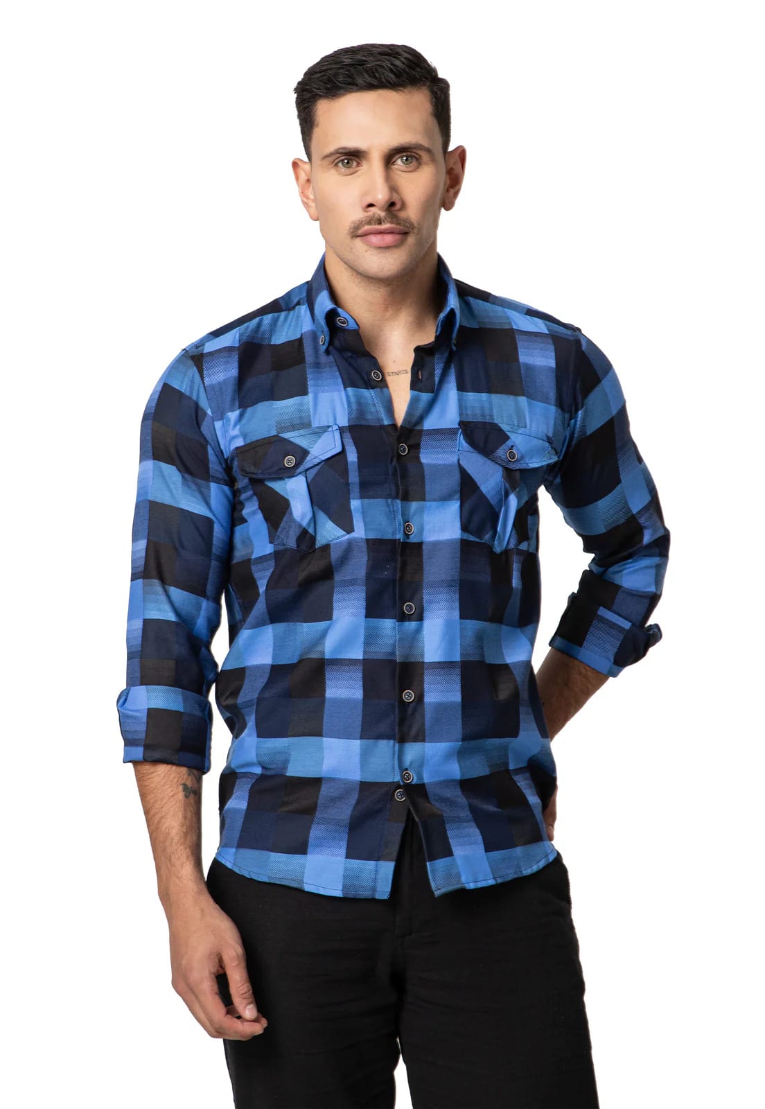 Camisa leñadora doble bolsillo azul a cuadros - imagen 2