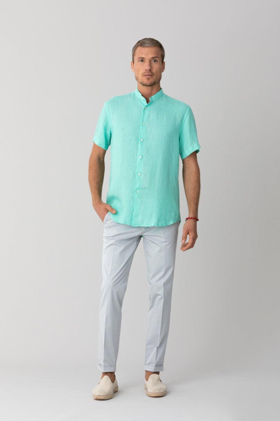 men’s linen shirt mao turquoise basic - imagen 2