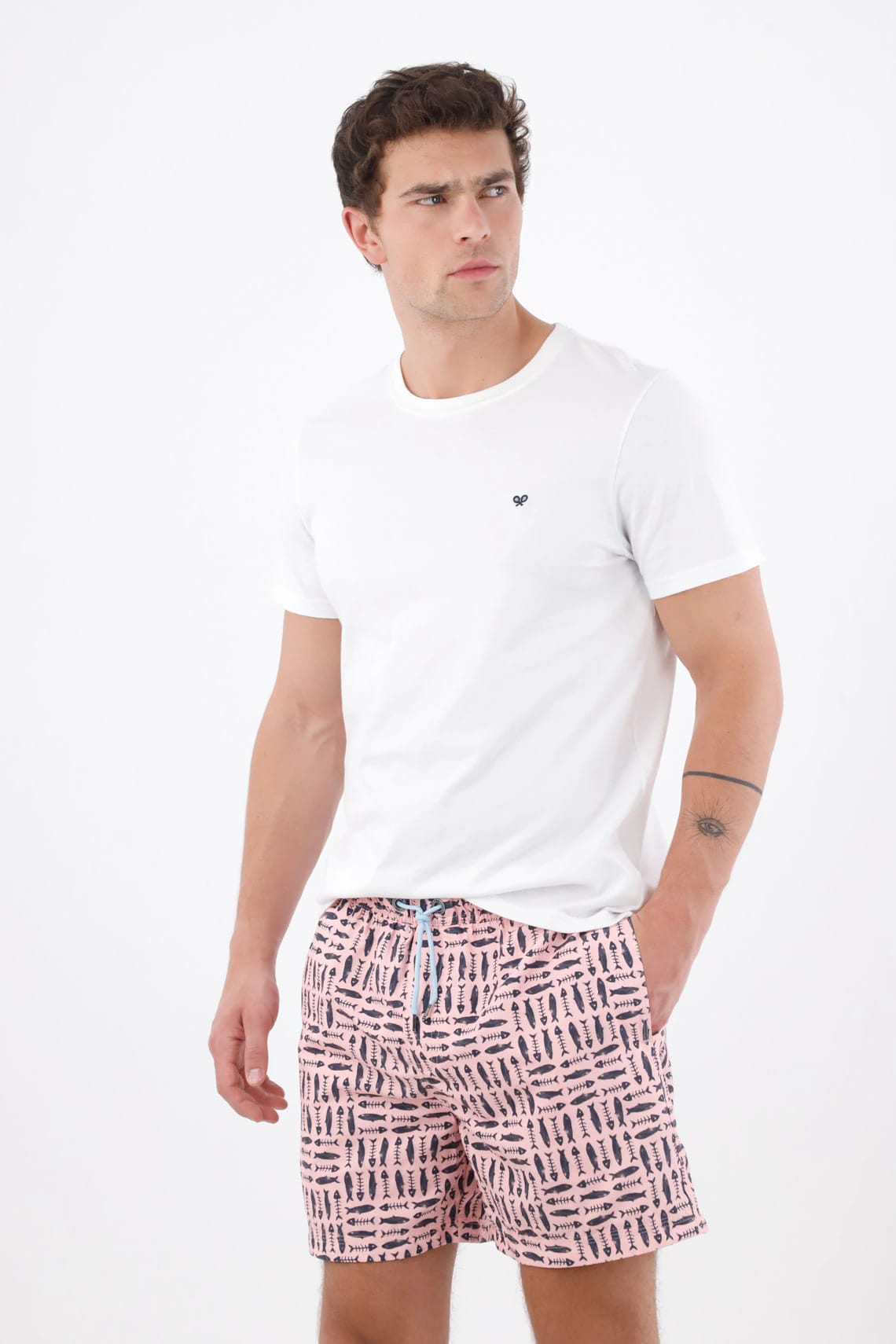 Pantaloneta de baño corte recto con estampado de peces en rosa para hombre - imagen 1
