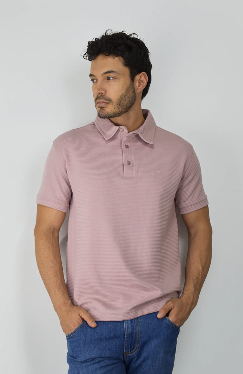 Camiseta tipo polo en tela texturizada Rosa para Hombre - imagen 1