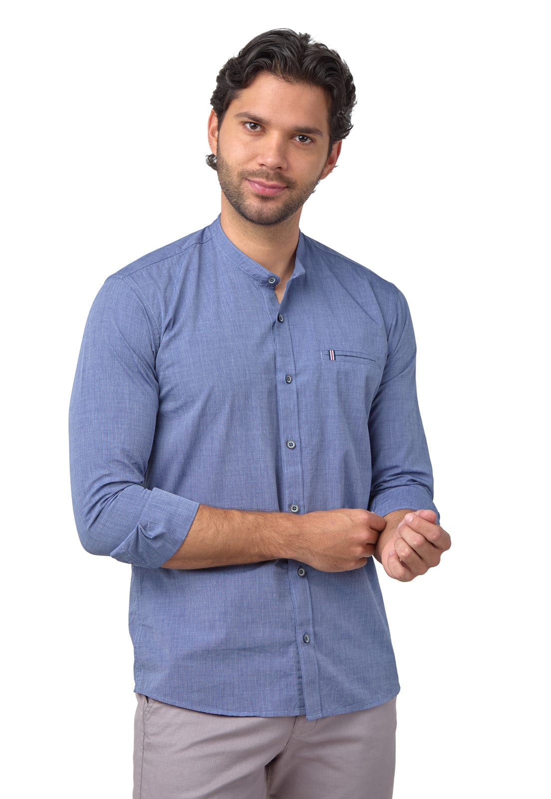 Camisa cuello neru azul indigo con bolsillo de ribete - imagen 2